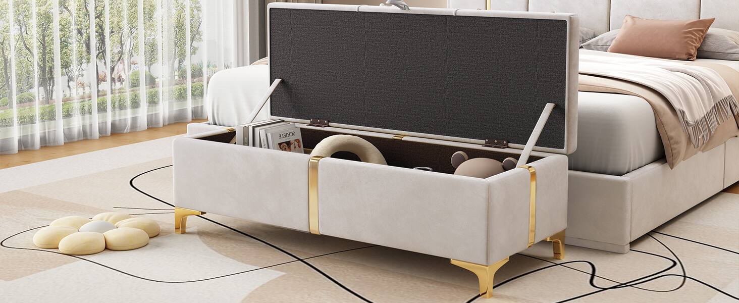Alt View 7. GOODSILO - Elegant Upholstered Storage Ottoman Bench with Metal Legs - Beige.