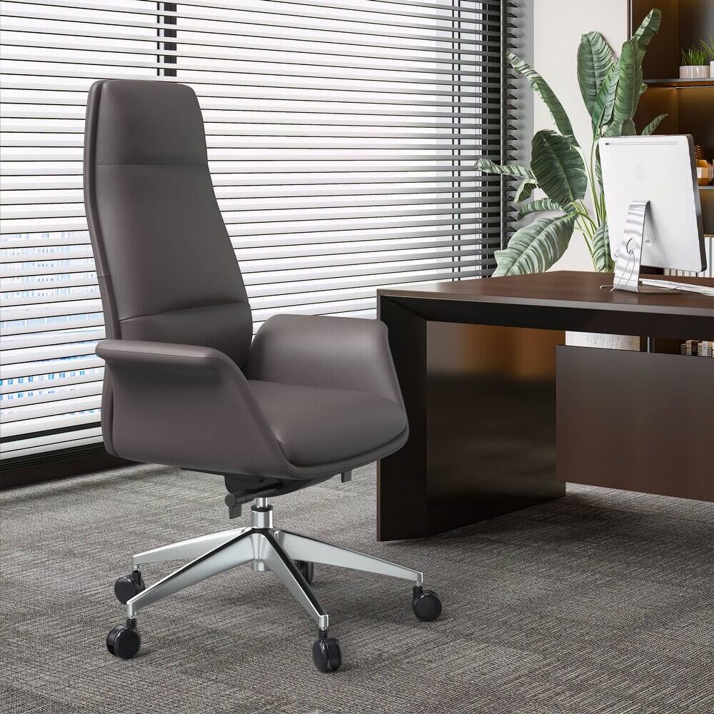 Angle. LeisureMod - Summit High-Back Swivel Leather in Metal Frame Office Desk Chair with Adjustable Height, Tilt & Plush Cushion - Grey.