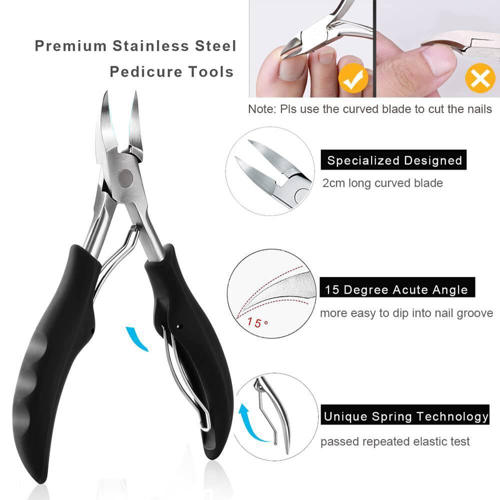 Premium Stainless Steel Pedicure Tools

Note: Pls use the curved blade to cut the nails

Specialized Designed  
2cm long curved blade

15 Degree Acute Angle  
more easy to dip into nail groove

Unique Spring Technology  
passed repeated elastic test