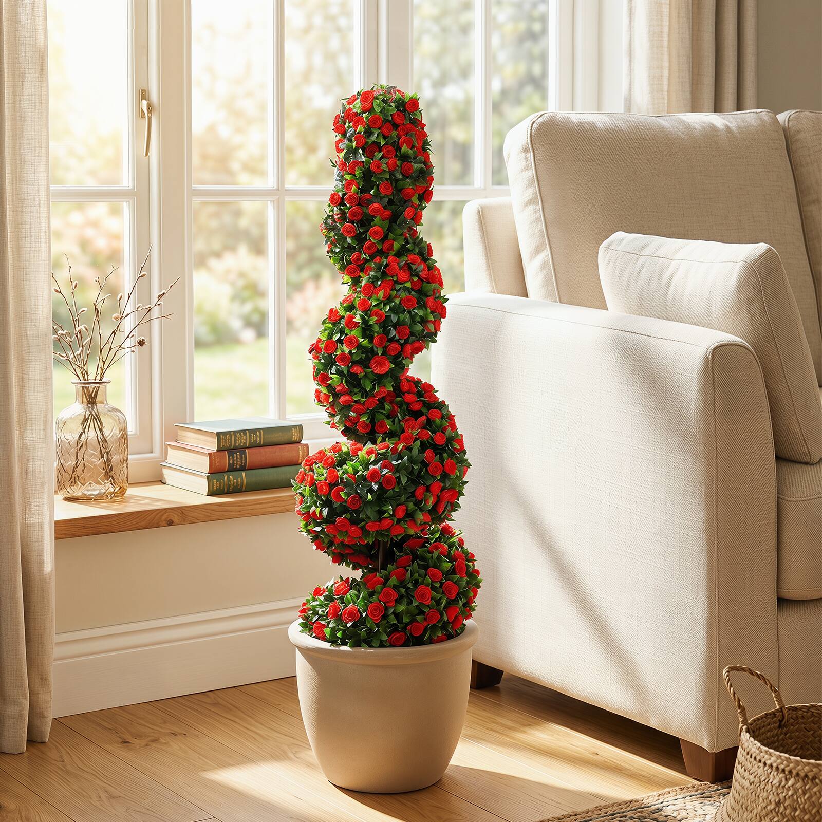 Alt View 4. Gymax - Gymax Artificial Spiral Topiary Trees Set of 2 w/ Sun Protection & Ground Spikes Red - Red.