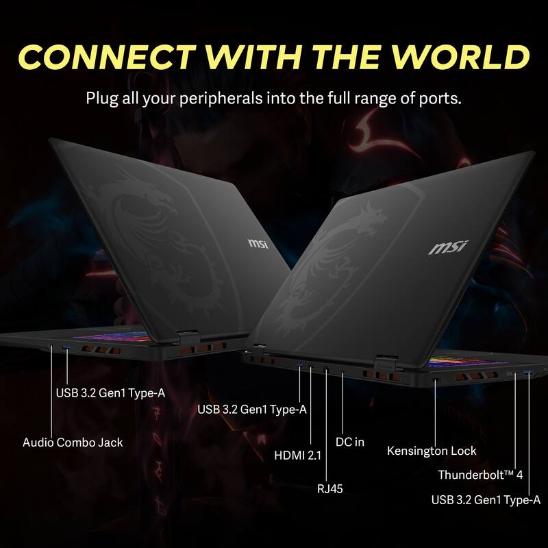 CONNECT WITH THE WORLD  
Plug all your peripherals into the full range of ports.  

msi  
USB 3.2 Gen1 Type-A  
USB 3.2 Gen1 Type-A  
Audio Combo Jack  
HDMI 2.1  
DC in  
Kensington Lock  
RJ45  
Thunderbolt™ 4  
USB 3.2 Gen1 Type-A