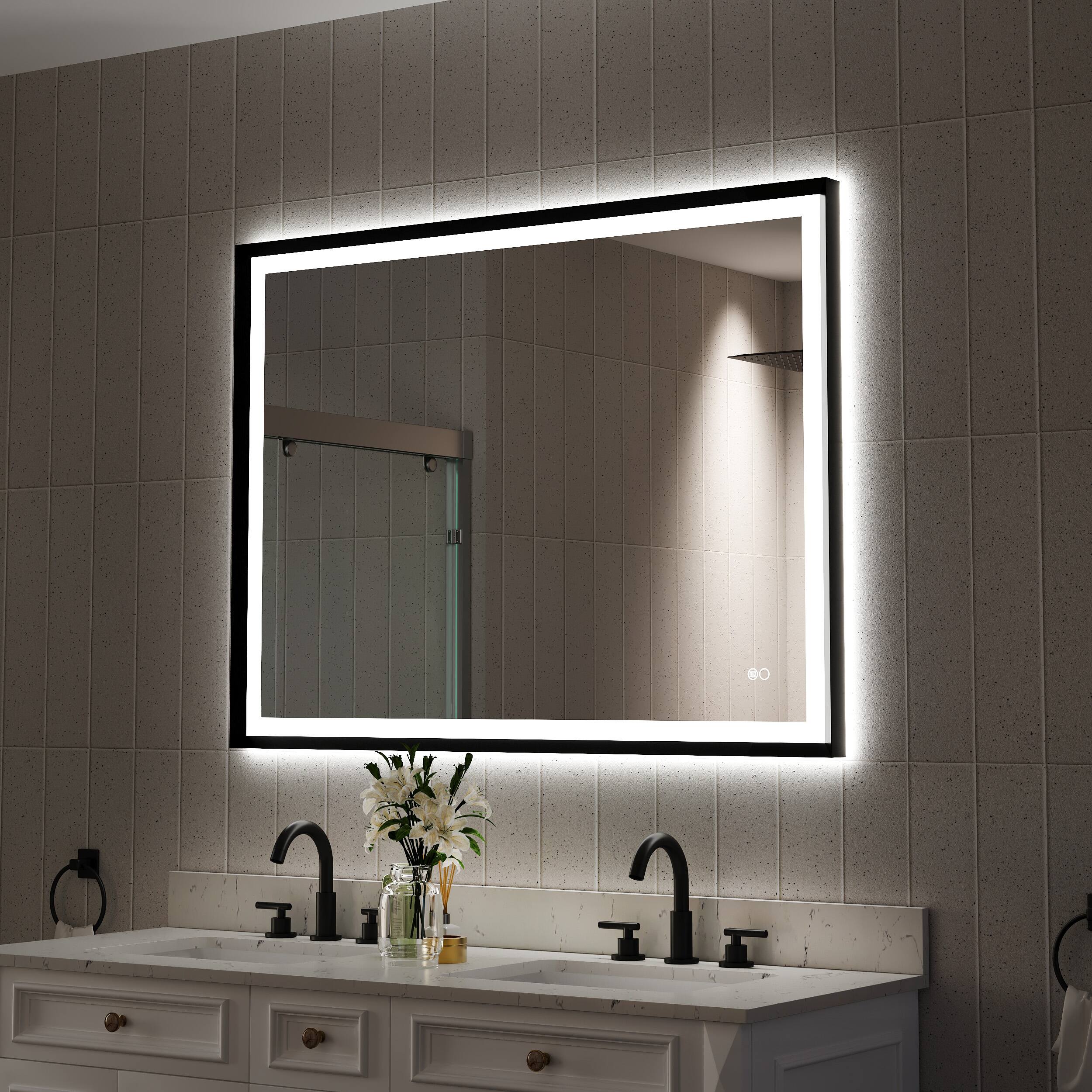 Left. WELLFOR - 48 in W x 36 in. H Rectangular Single Aluminum Framed Anti-Fog LED Light Wall Bathroom Vanity Mirror - Matte Black.
