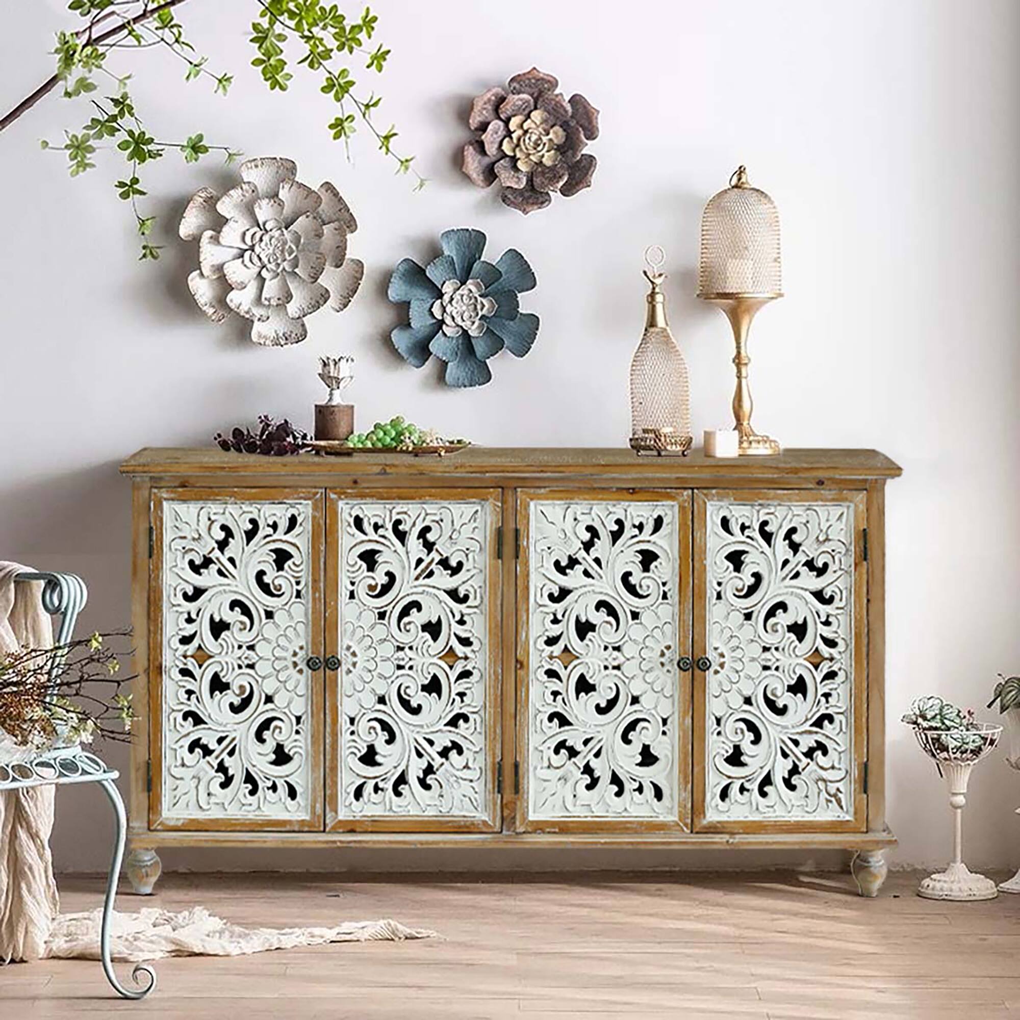 Front. APRILSOUL - Handcrafted Distressed Accent Cabinet with Hollow-Carved Doors - Antique Natural.