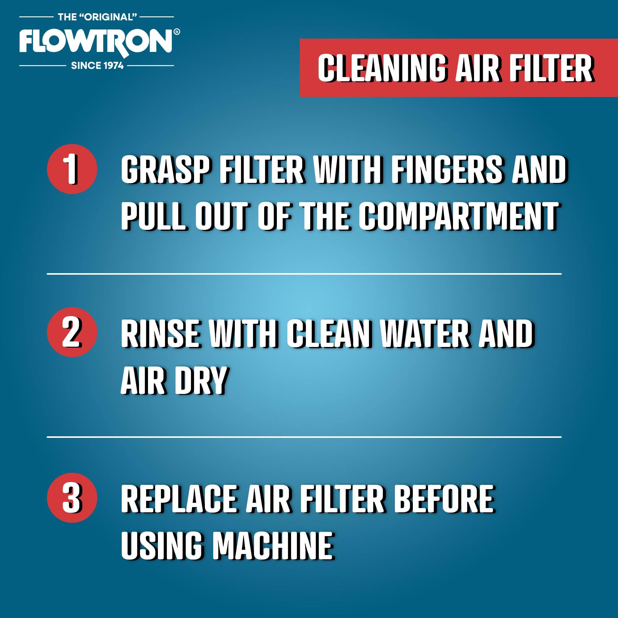 THE "ORIGINAL"  
FLOWTRON  
SINCE 1974  

CLEANING AIR FILTER  

1. GRASP FILTER WITH FINGERS AND PULL OUT OF THE COMPARTMENT  
2. RINSE WITH CLEAN WATER AND AIR DRY  
3. REPLACE AIR FILTER BEFORE USING MACHINE