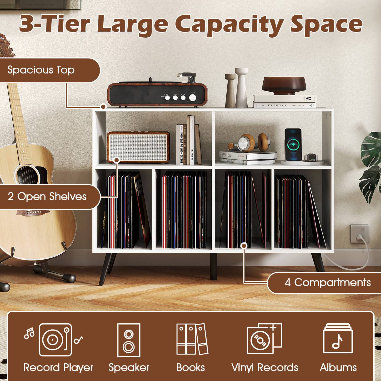 3-Tier Large Capacity Space

- Spacious Top
- 2 Open Shelves
- 4 Compartments

Features:
- Record Player
- Speaker
- Books
- Vinyl Records
- Albums