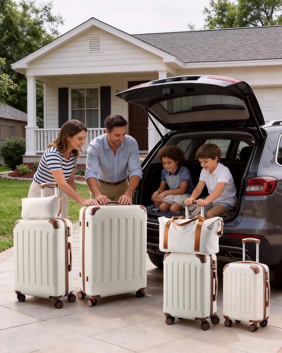 Angle. LUGGEX - Luggage Sets 6 Piece Hardside Suitcase with Wheels, TSA Approved,Tote Bag, White Brown - White.