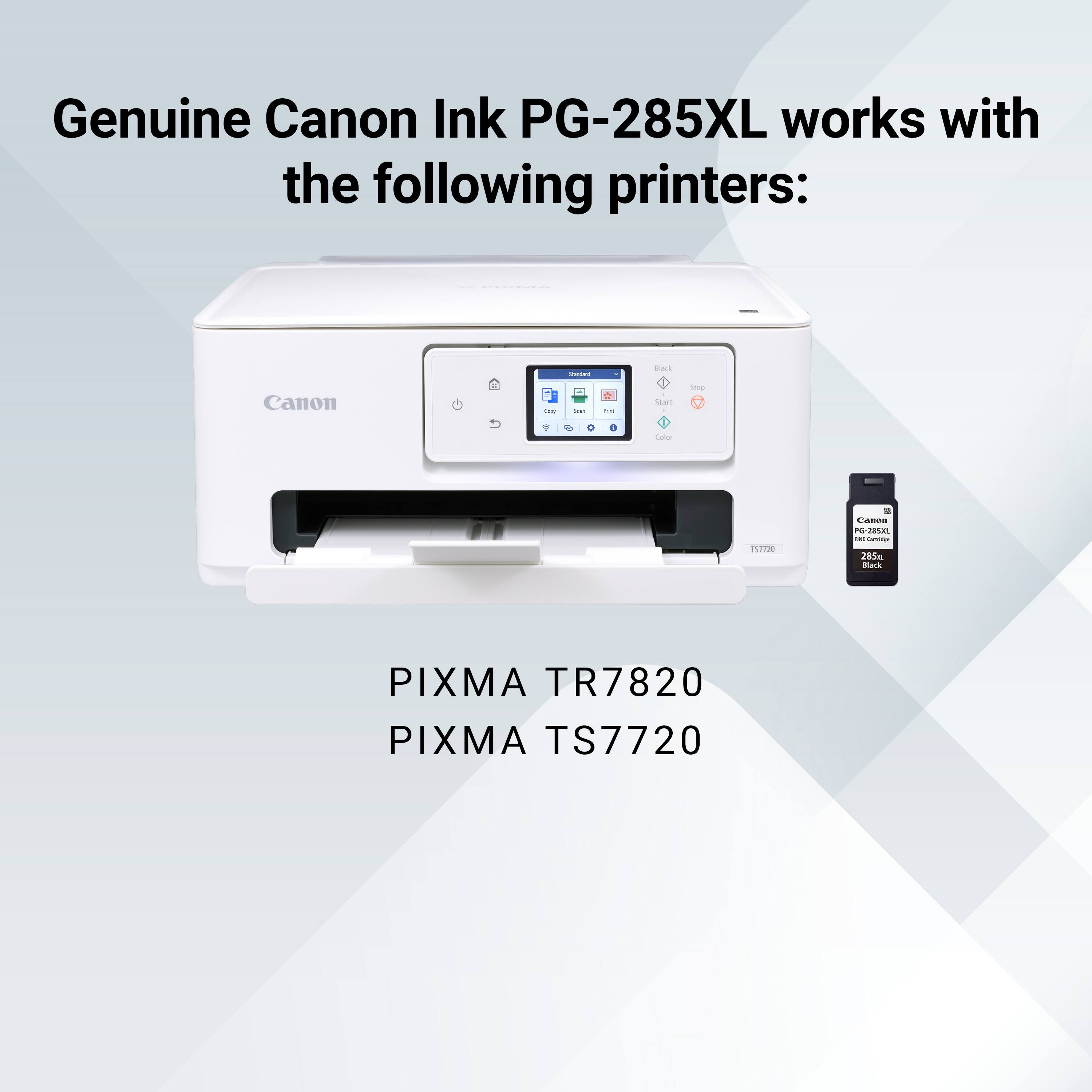 Genuine Canon Ink PG-285XL works with the following printers: Canon PIXMA TR7820, Canon PIXMA TS7720.