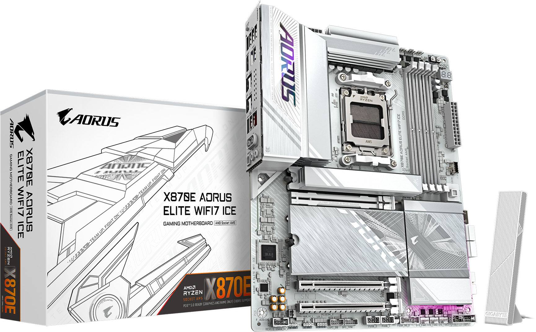 AORUS GAMING ELITE X87E MOTHERBOARD WIFI7 AMD AORUS X870E ICE | AORUS AORUS FIGHT UP TEAM FIGHT UP X870E ADRUS ELITE WIFI7 ICE ON: FIGHT GAMING MOTHERBOARD AMD Socket AM5 Support | Ready for PCIe 5.0 (Graphics and Wi-Fi 7) | Ryzen X870E | AORUS X870E | Gigabyte
