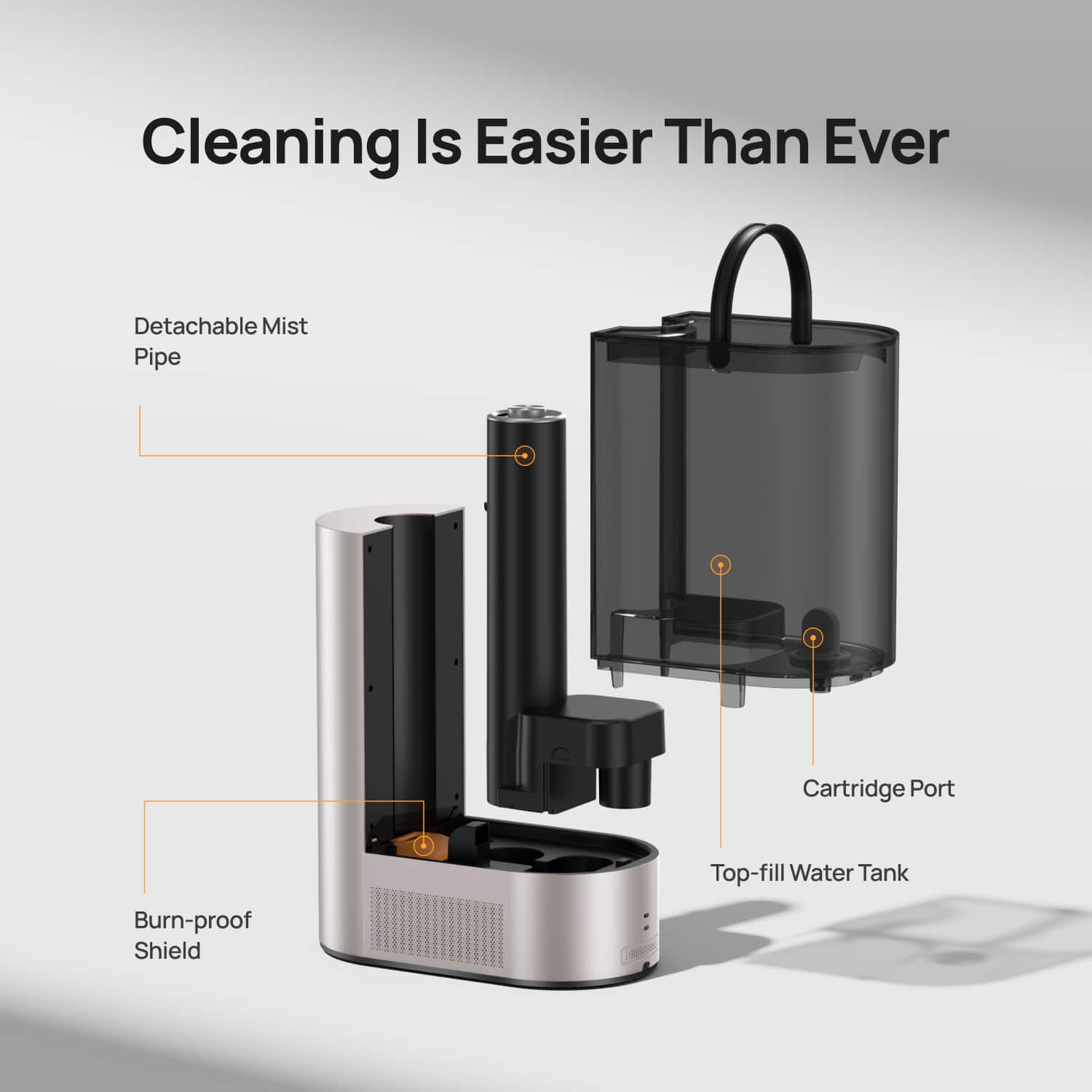Cleaning Is Easier Than Ever: Detachable Mist Pipe, Cartridge Port, Top-fill Water Tank, Burn-proof Shield.