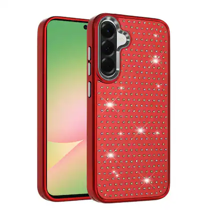 Front. Kitcheniva - Faux Crystals Chrome Plated Cover Phone Case With Tempered Glass For Samsung Galaxy A57 5G Red - Red.