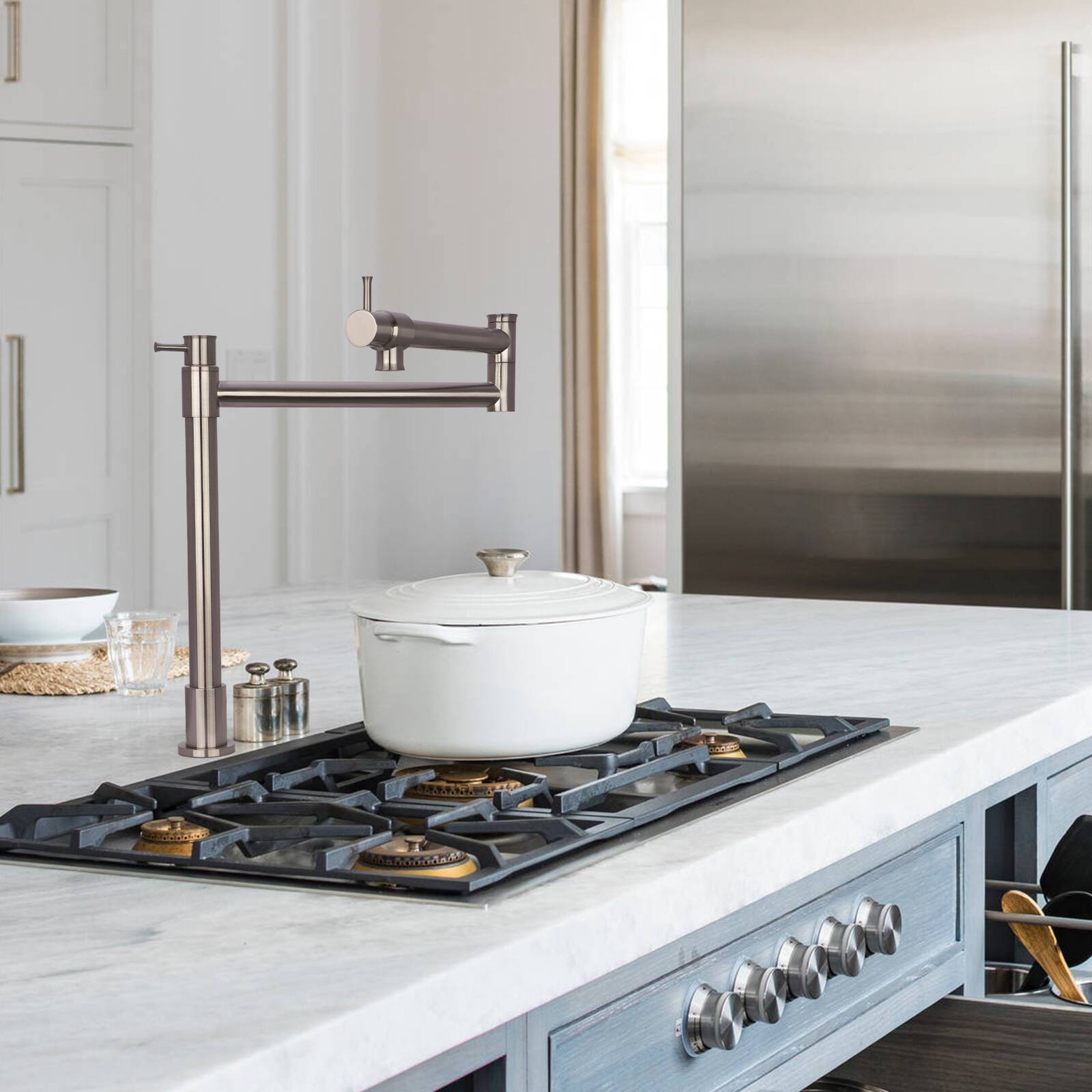 Alt View 5. Akicon - Akicon Solid Brass Deck-Mounted Pot Filler Kitchen Faucet with Double Joint Swing Arms in Brushed Nickel - Brushed Nickel.