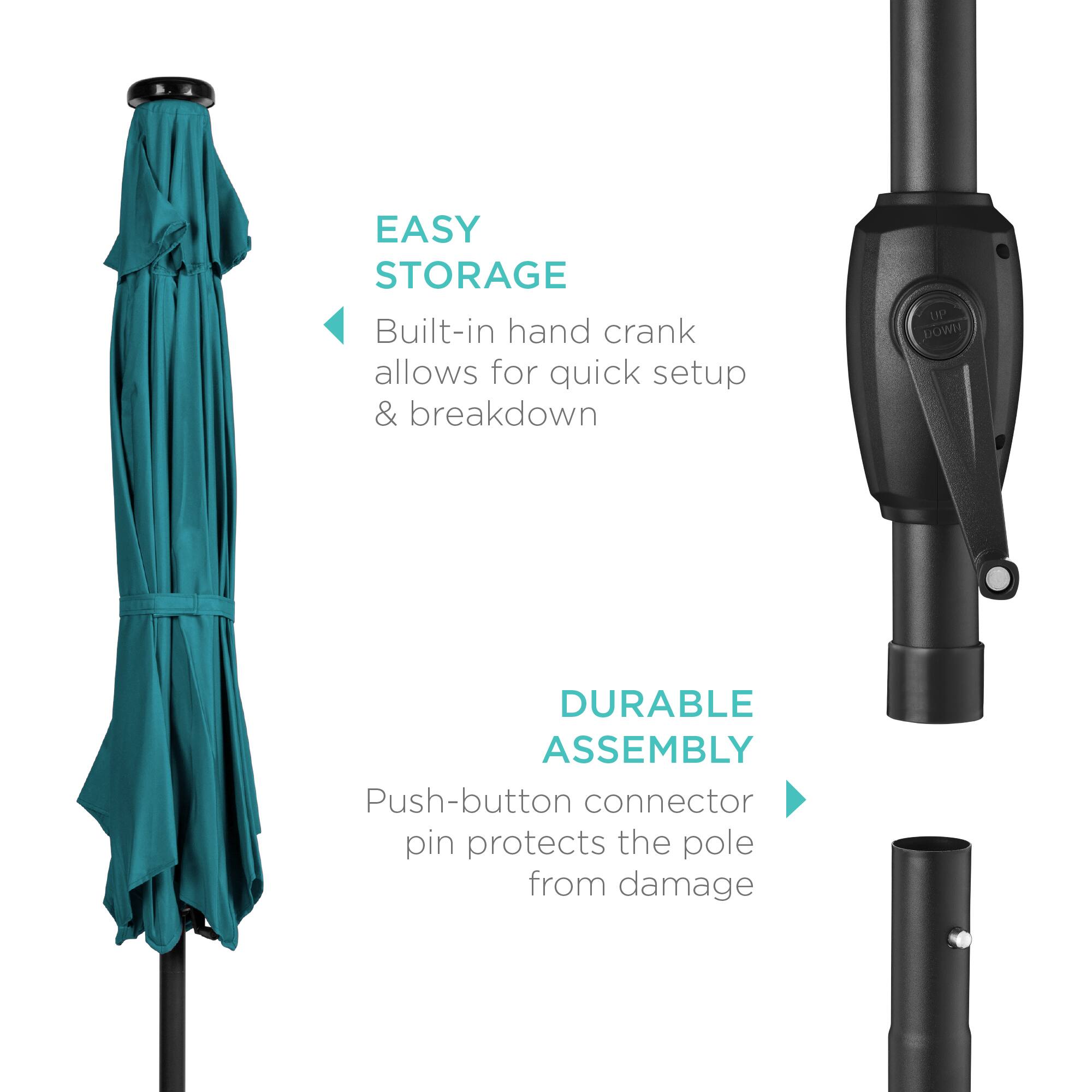 EASY STORAGE  
Built-in hand crank allows for quick setup & breakdown  

DURABLE ASSEMBLY  
Push-button connector pin protects the pole from damage