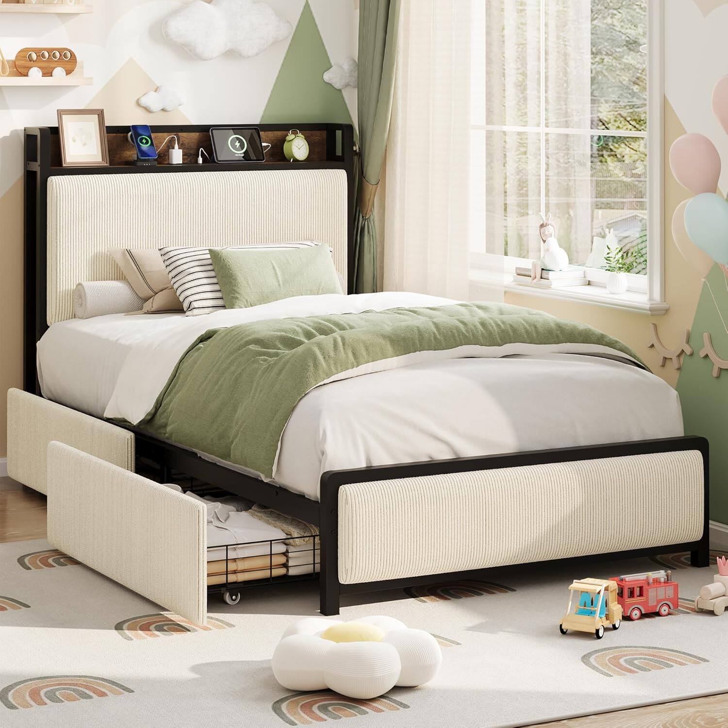 Front. Jojoka - Twin Size Bed Frame with 2 Storage Drawers, Charging Station, Linen Headboard, No Box Spring, Beige, Easy Assembly - Beige.
