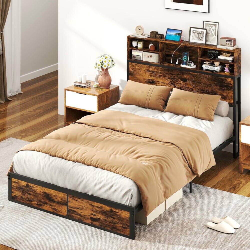Alt View 1. Kadyn - Industrial Metal Platform Bed with Storage Headboard, Available in Twin, Full, Queen and King Sizes with Storage Shelves - Brown.
