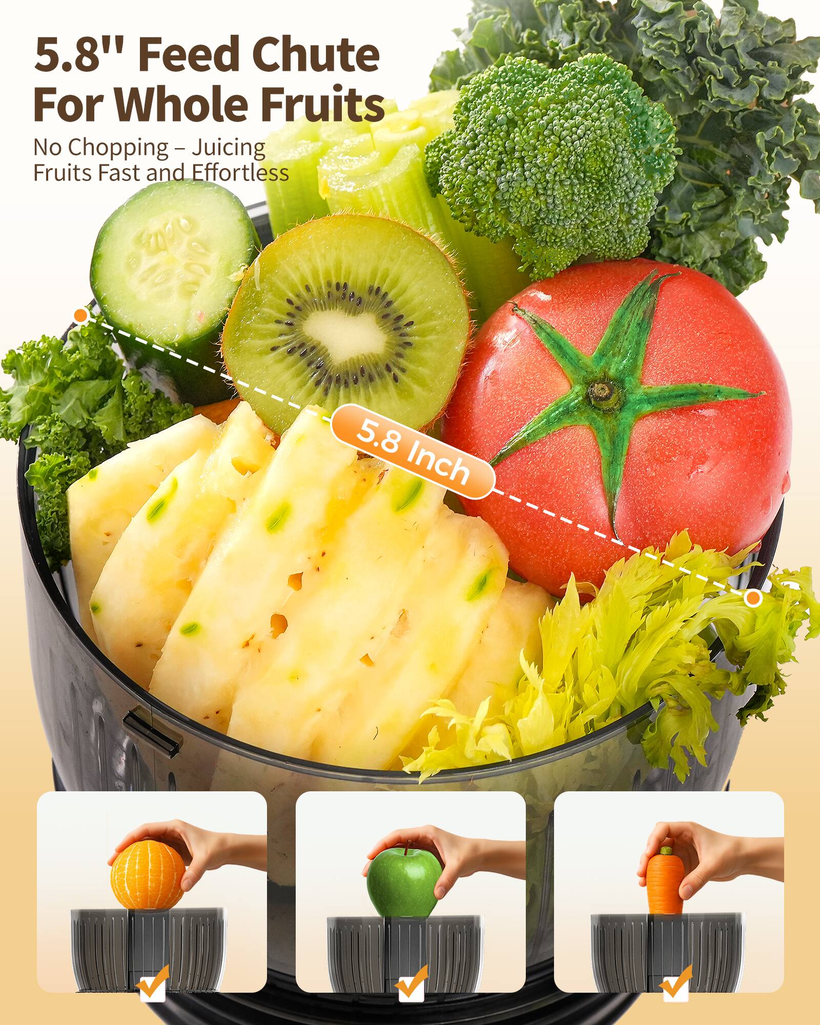 5.8" Feed Chute For Whole Fruits  
No Chopping - Juicing Fruits Fast and Effortless  

5.8 Inch