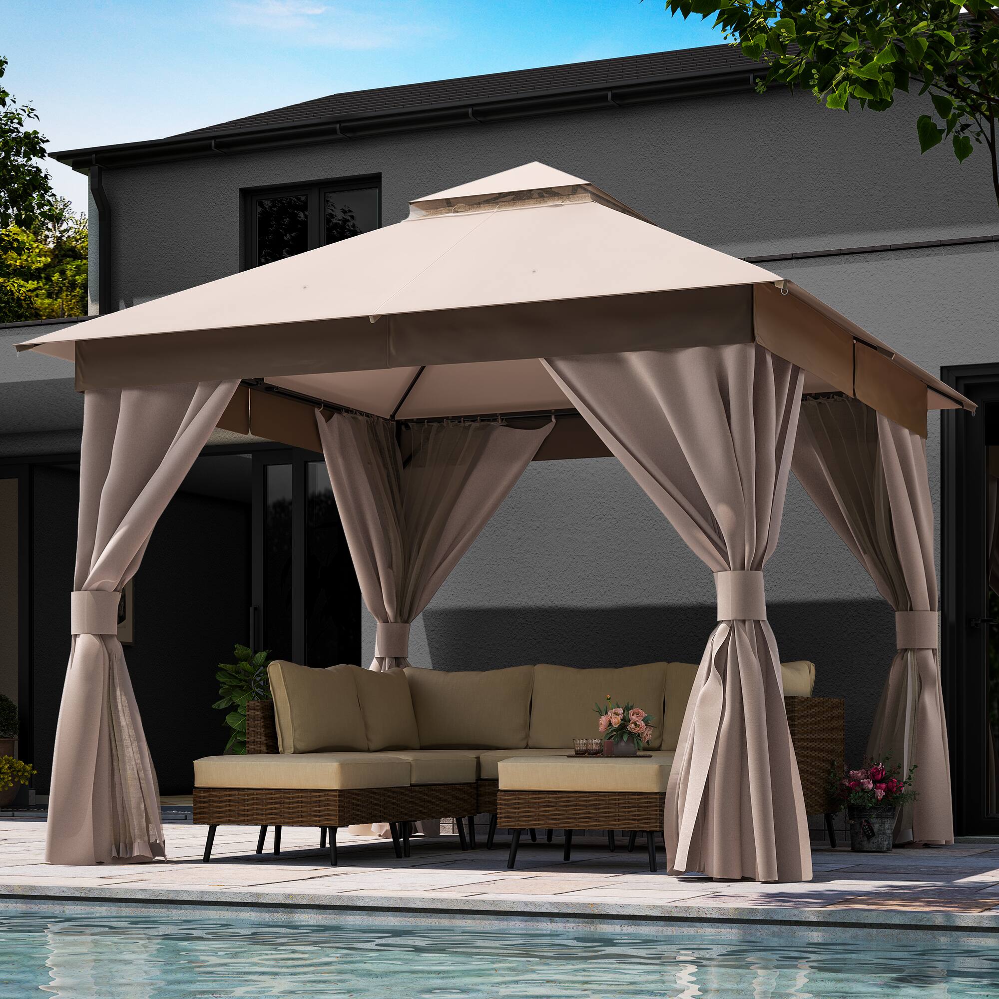 Angle. Decksplore - Semi-Permanent Patio Gazebo 10'x10' with Double Roofs, Mosquito Nettings and Privacy Screens - champagne.