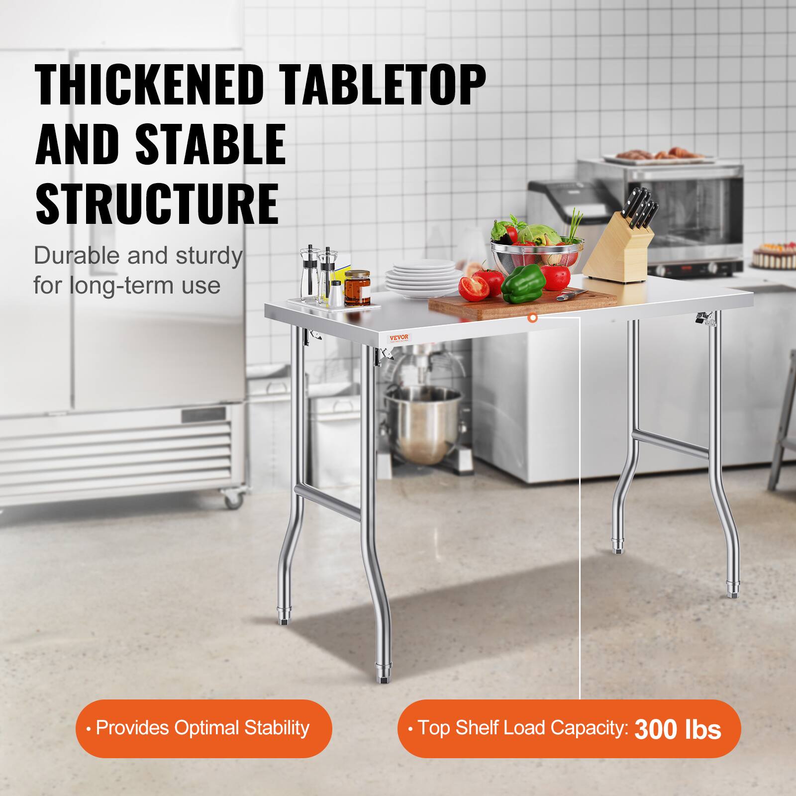 **Thickened Tabletop and Stable Structure**

Durable and sturdy for long-term use

- Provides Optimal Stability
- Top Shelf Load Capacity: 300 lbs