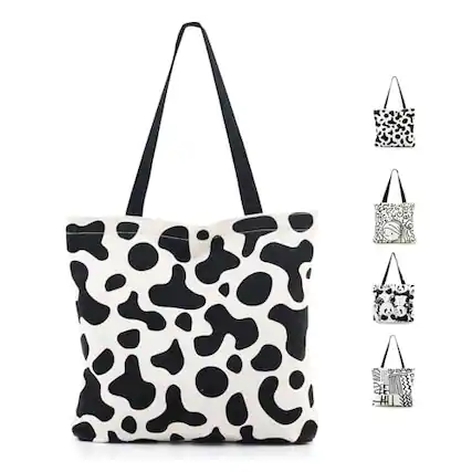 Front. Fabibe - Women's Canvas Bag Aesthetic Handbags With Zipper Travel Shoulder Bags Shopping Inner Pockets - Cowblack.