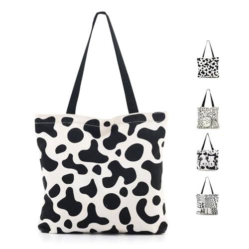 Front. Fabibe - Women's Canvas Bag  Aesthetic Handbags With Zipper Travel Shoulder Bags Shopping Inner Pockets - Cowblack.