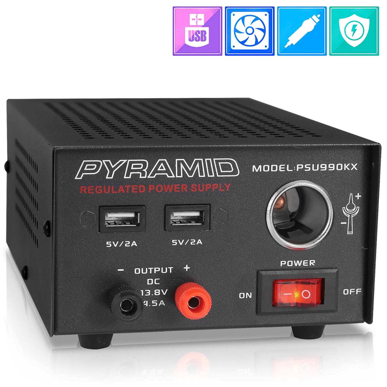 USB PYRAMID MODEL: PSU990KX REGULATED POWER SUPPLY + 5V/2A SV/2A - OUTPUT + DC 13.8V 4.5A ON POWER | O O OFF A2.P NO C