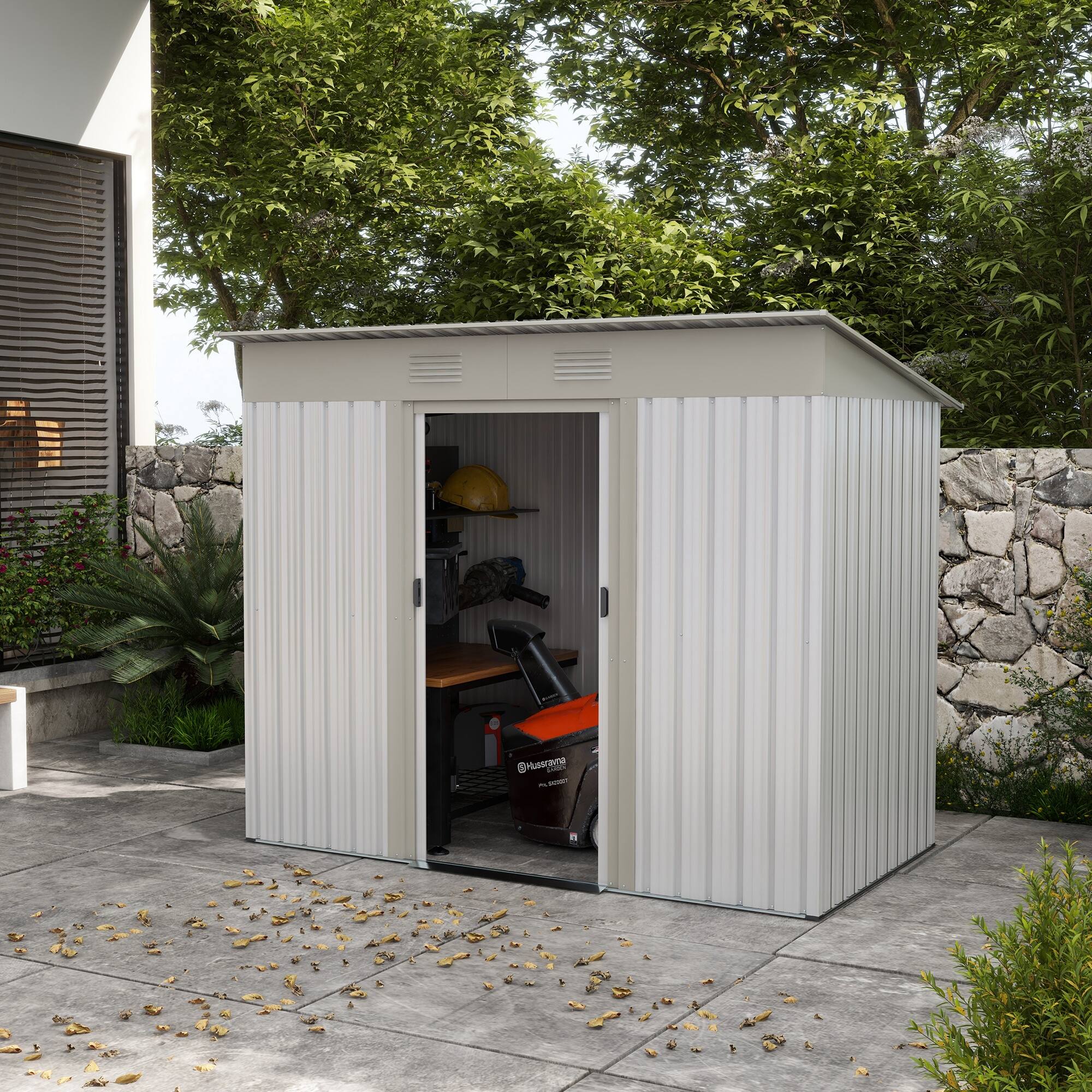 Alt View 1. Outsunny - 7' x 4' Metal Lean to Garden Shed, Outdoor Storage Shed, Garden Tool House with Double Sliding Doors.