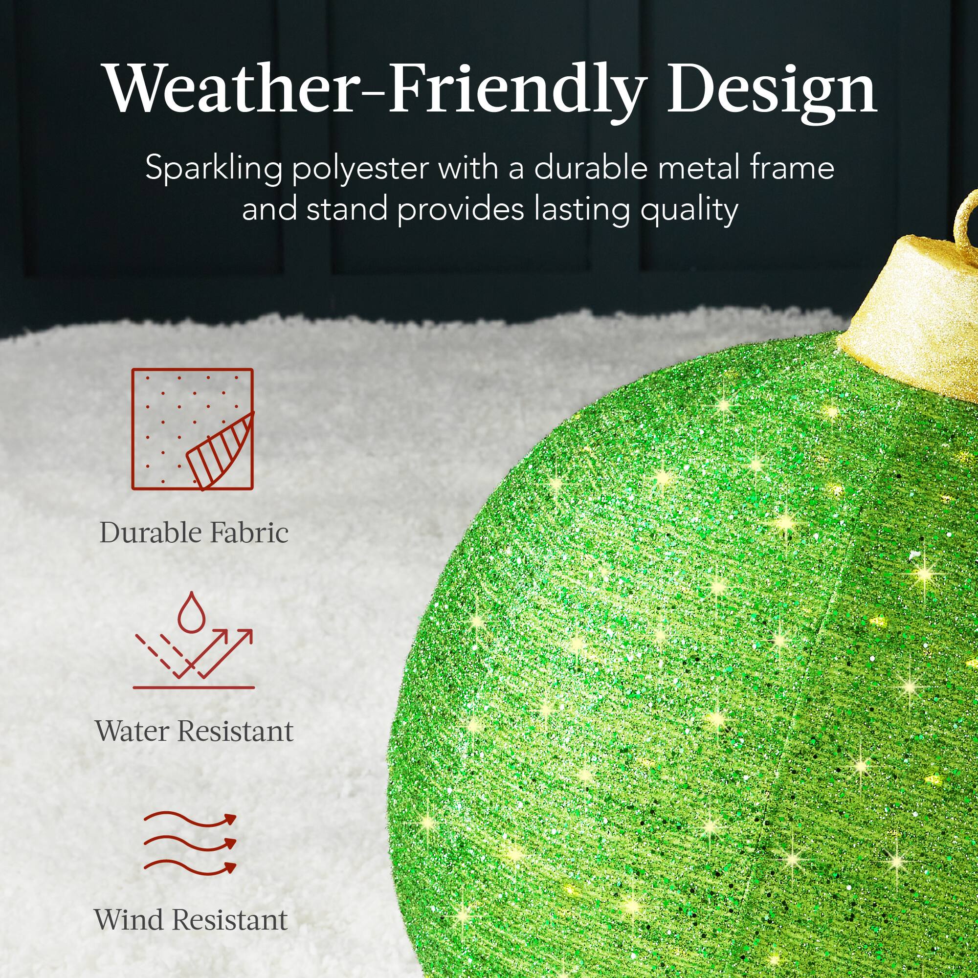 Weather-Friendly Design

Sparkling polyester with a durable metal frame and stand provides lasting quality

- Durable Fabric
- Water Resistant
- Wind Resistant