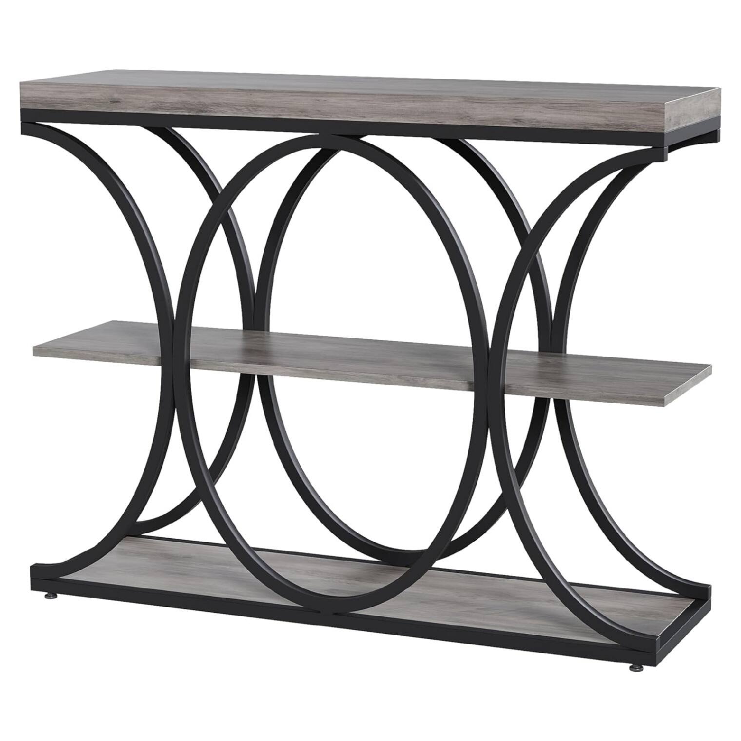Angle. Qeetex - Narrow Console Tables for Entryway, Industrial 3-Tier Sofa Table with Round Metal Base - Grey.