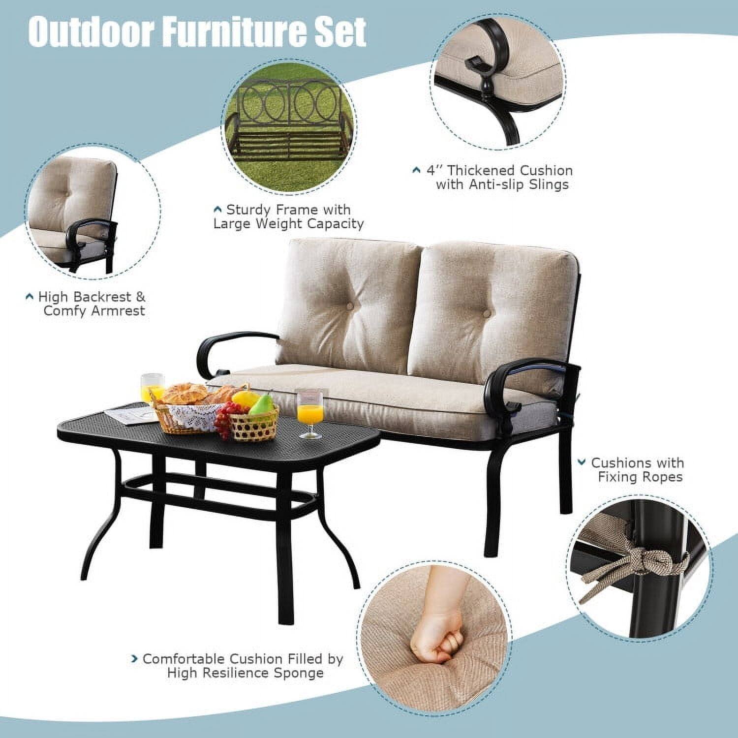 Outdoor Furniture Set

- Sturdy Frame with Large Weight Capacity
- High Backrest & Comfy Armrest
- 4" Thickened Cushion with Anti-slip Slings
- Comfortable Cushion Filled by High Resilience Sponge
- Cushions with Fixing Ropes