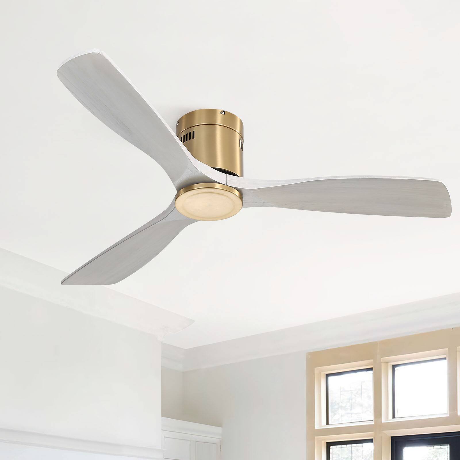 Alt View 3. Sofucor - 52 Inch Solid Wood Flush Mount Ceiling Fan With Remote Indoor/Outdoor Ceiling Fans Reversible DC Motor for Bedroom Patio - Gold.