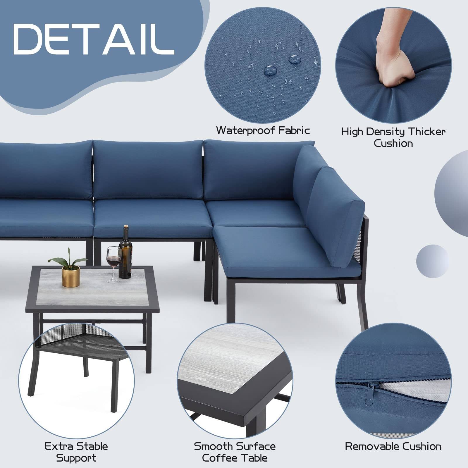 DETAIL

- Waterproof Fabric
- High Density Thicker Cushion
- Extra Stable Support
- Smooth Surface Coffee Table
- Removable Cushion