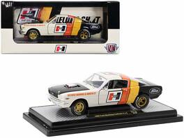 M2 - 1966 Ford Mustang Fastback 2+2 Off White Black Red Yellow Stripes "Hurst Shifters" 1/24 Diecast 6000 pcs Worldwide - Off White And Black With Red And Yellow