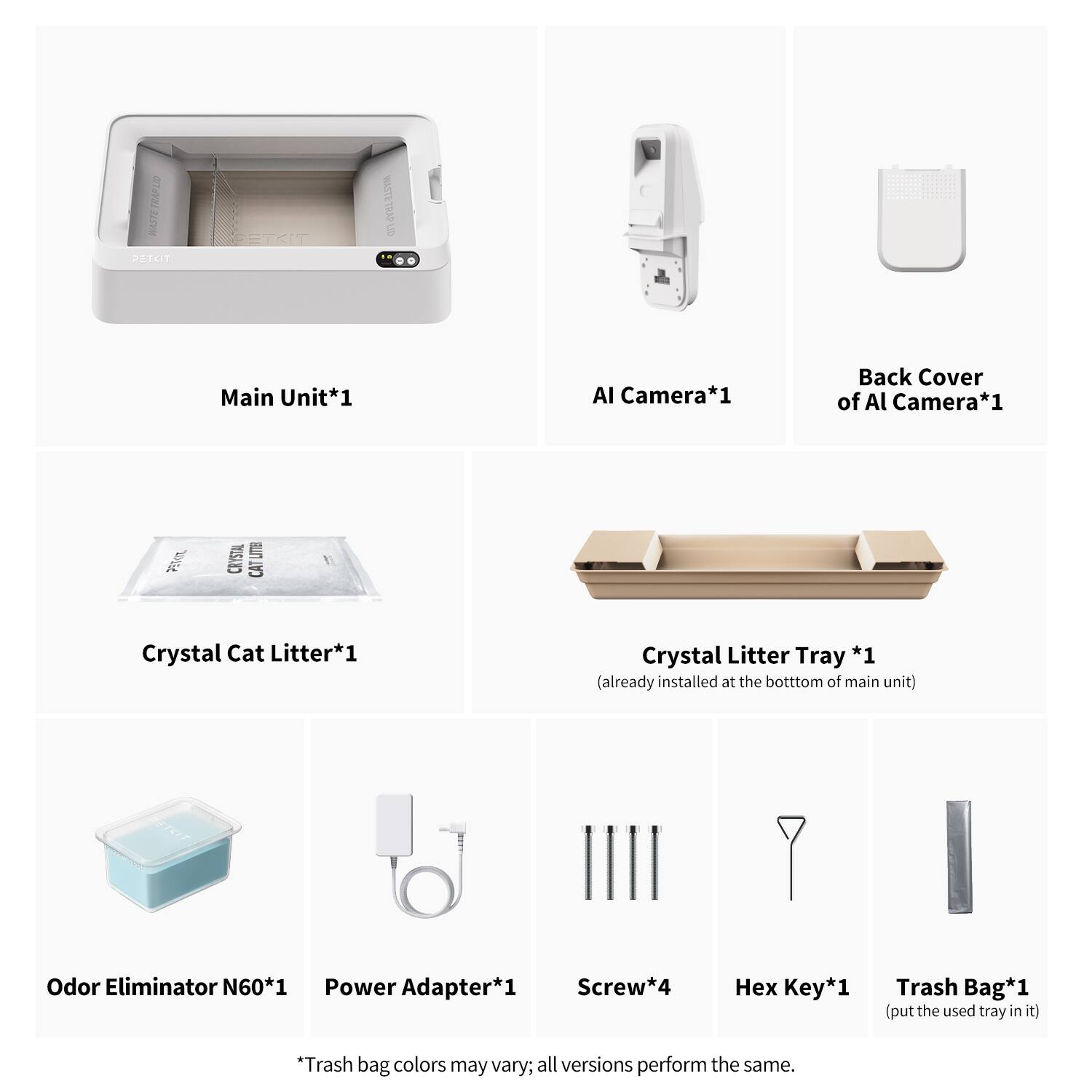 CL3 DETKIT ETKIT 0

- Main Unit*1
- AI Camera*1
- Back Cover of AI Camera*1
- Crystal Cat Litter*1
- Crystal Litter Tray *1 (already installed at the bottom of main unit)
- Odor Eliminator N60*1
- Power Adapter*1
- Screw*4
- Key*1
- Trash Bag*1 (put the used tray in it)

*Trash bag colors may vary, all versions perform the same.