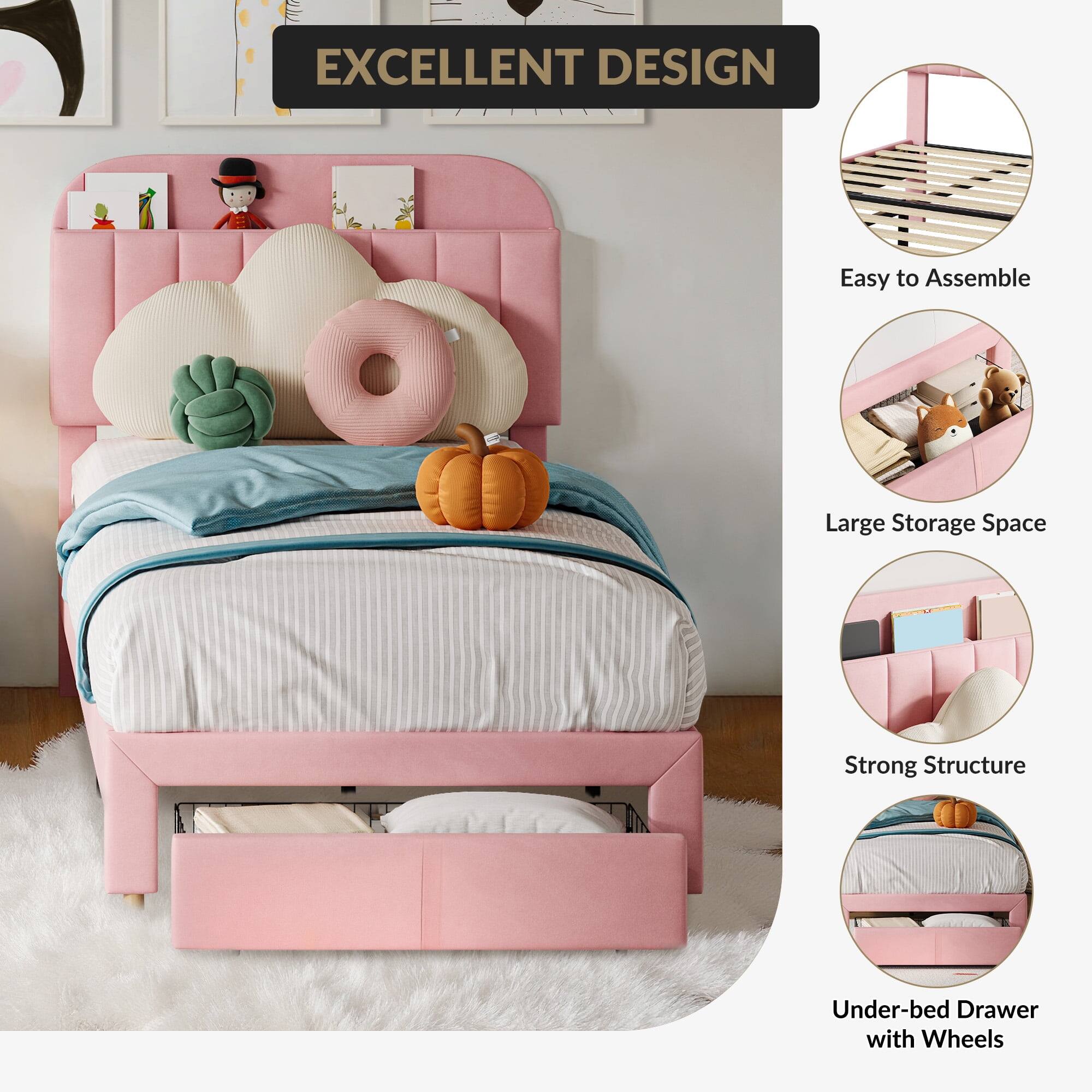 EXCELLENT DESIGN

- Easy to Assemble
- Large Storage Space
- Strong Structure
- Under-bed Drawer with Wheels