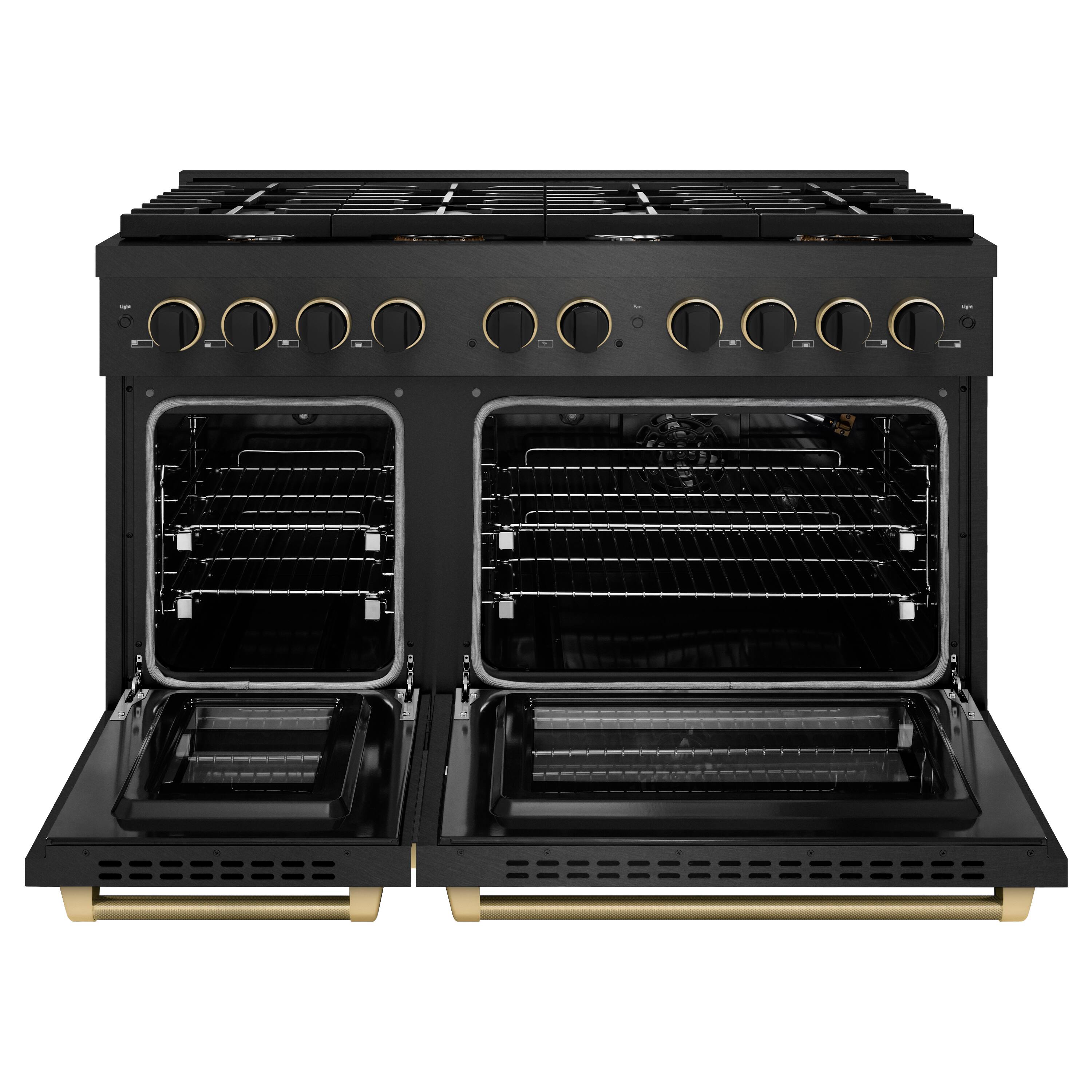 Angle. ZLINE - ZLINE Designer 48 in. 6.7 cu. ft. Double Oven Freestanding Gas Range in Black Satin Steel with Black and Bronze Accents - Black Satin Stainless Steel.