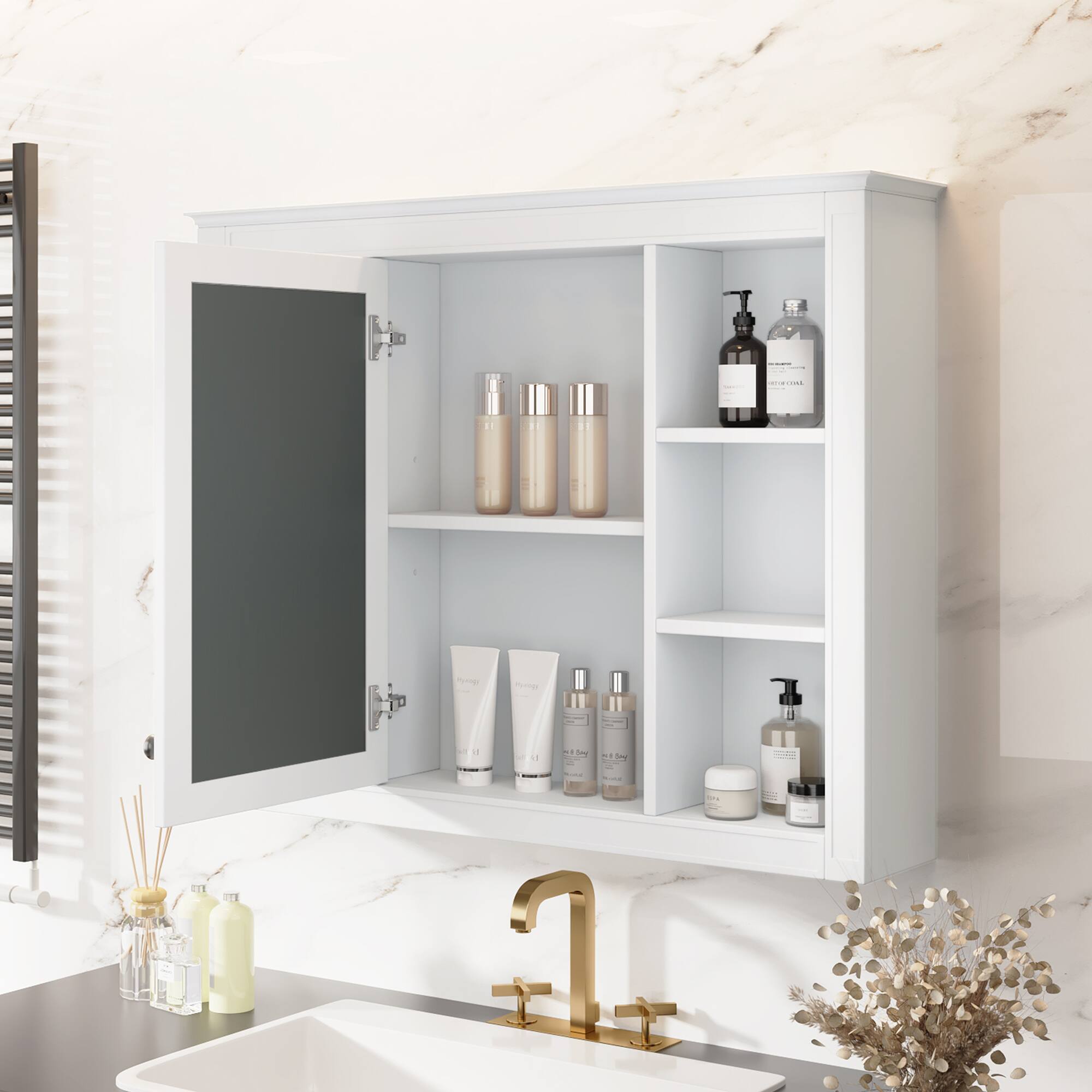 Alt View 8. Ecooso - 35x27.5in Wall Mounted Bathroom Cabinet with Mirror, Storage Organizer with Open Shelves - White.