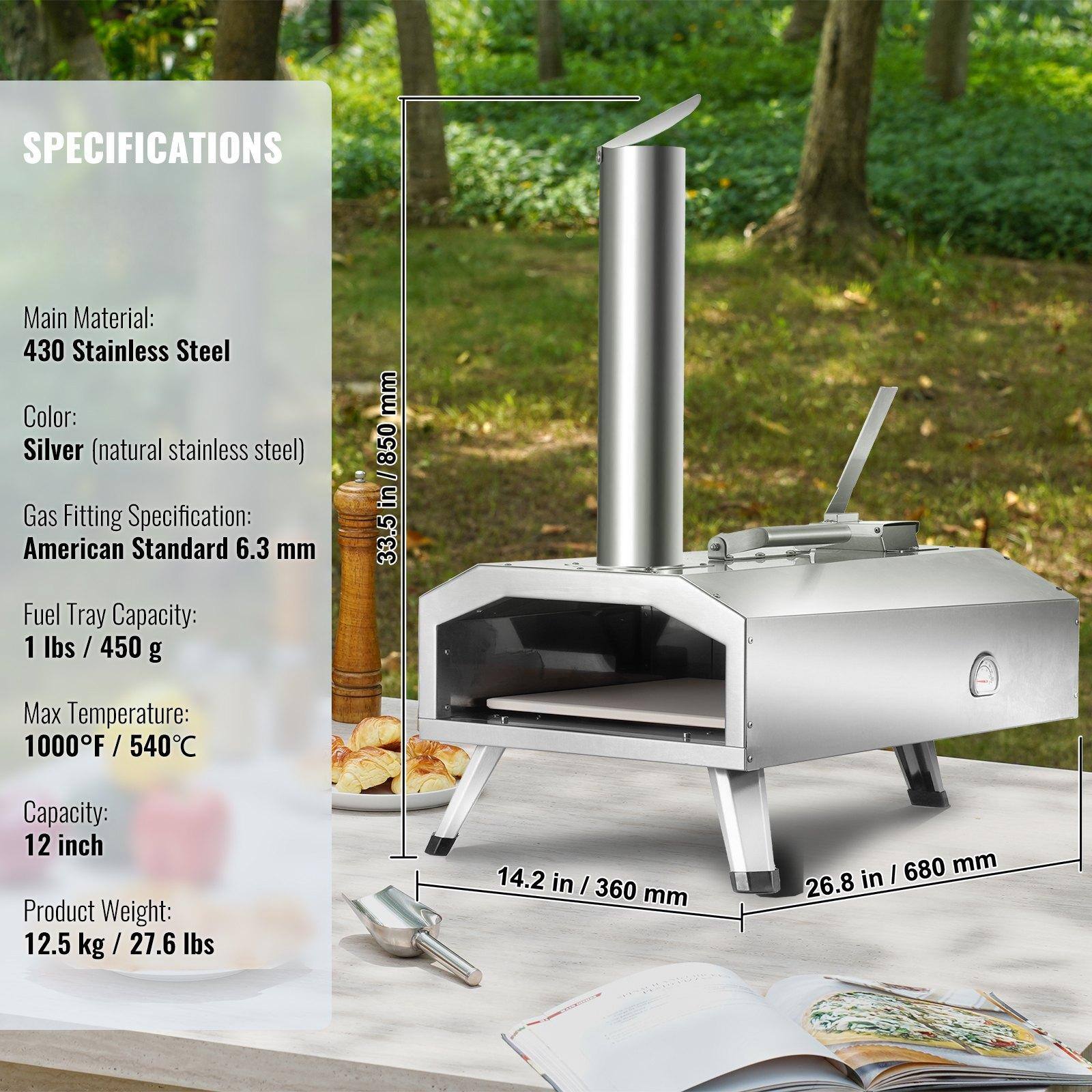 **SPECIFICATIONS**

- **Main Material:** 430 Stainless Steel
- **Color:** Silver (natural stainless steel)
- **Gas Fitting Specification:** American Standard 6.3 mm
- **Fuel Tray Capacity:** 1 lbs / 450 g
- **Max Temperature:** 1000°F / 540°C
- **Capacity:** 12 inch
- **Product Weight:** 12.5 kg / 27.6 lbs

**Dimensions:**
- **Height:** 33.5 in / 850 mm
- **Width:** 14.2 in / 360 mm
- **Depth:** 26.8 in / 680 mm