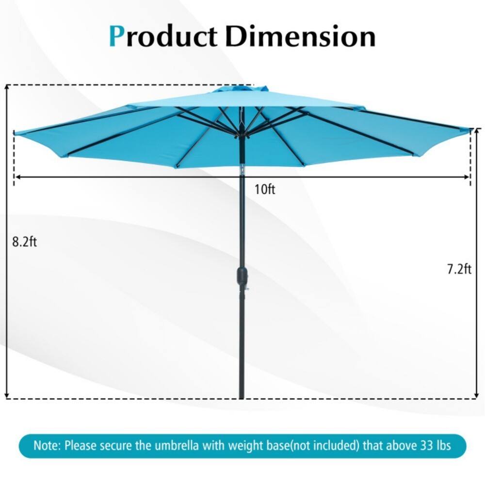 Product Dimension  
10ft 8.2ft 7.2ft  

Note: Please secure the umbrella with weight base (not included) that above 33 lbs