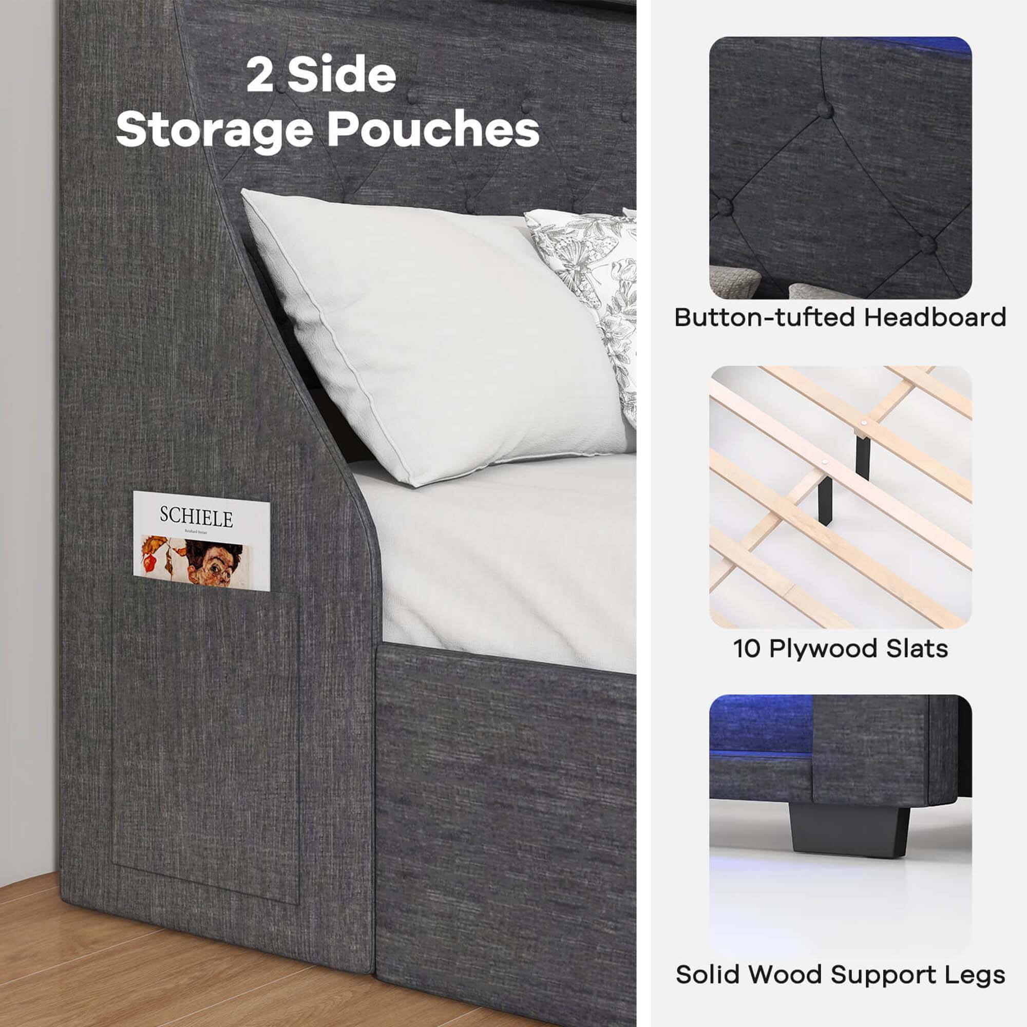 2 Side Storage Pouches Button-tufted Headboard SCHIELE 10 Plywood Slats Solid Wood Support Legs