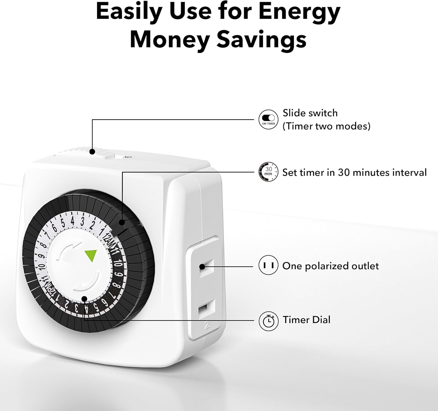 Easily Use for Energy Money Savings

- Slide switch (Timer two modes)
- Set timer in 30 minutes interval
- One polarized outlet
- Timer Dial