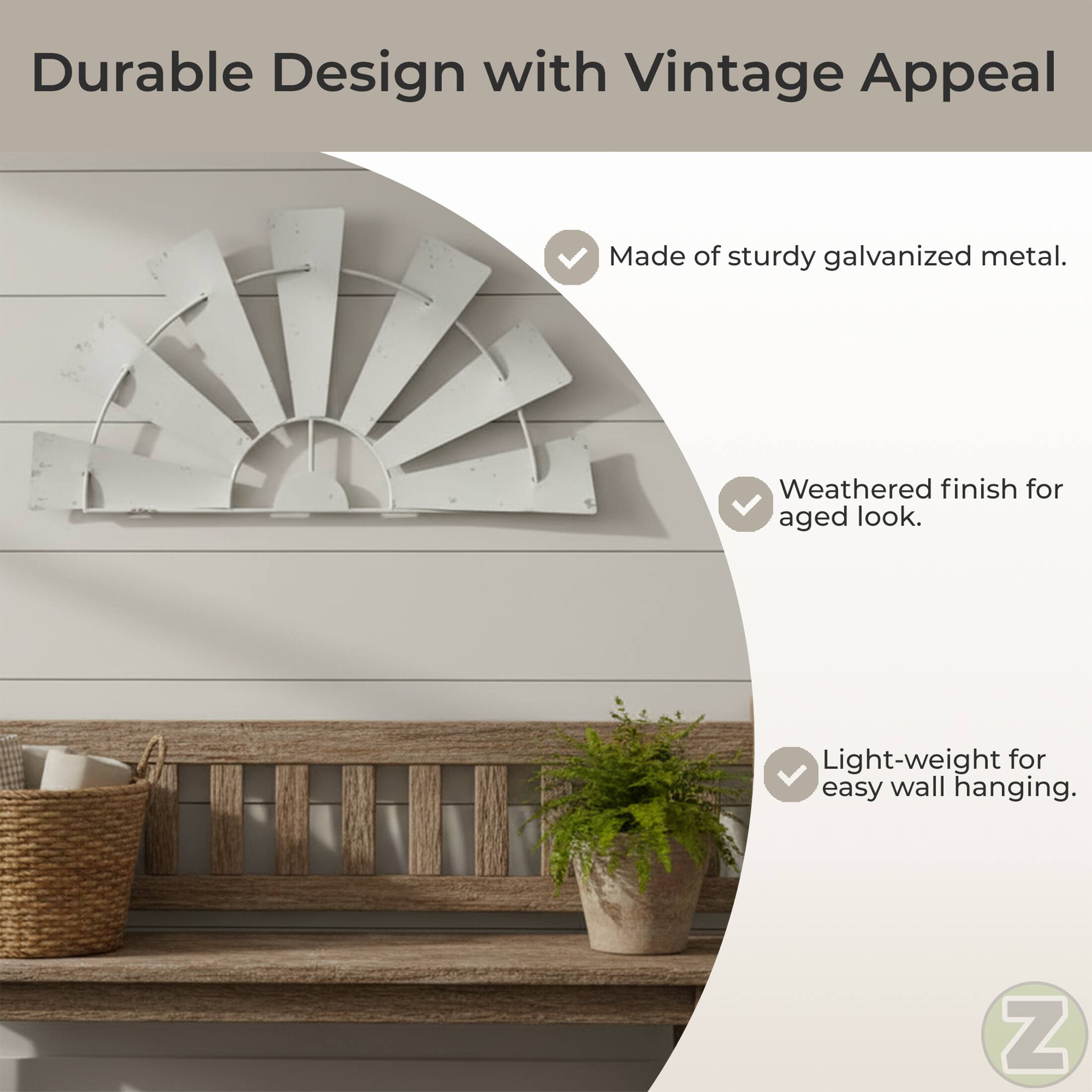 Durable Design with Vintage Appeal

- Made of sturdy galvanized metal.
- Weathered finish for aged look.
- Light-weight for easy wall hanging.