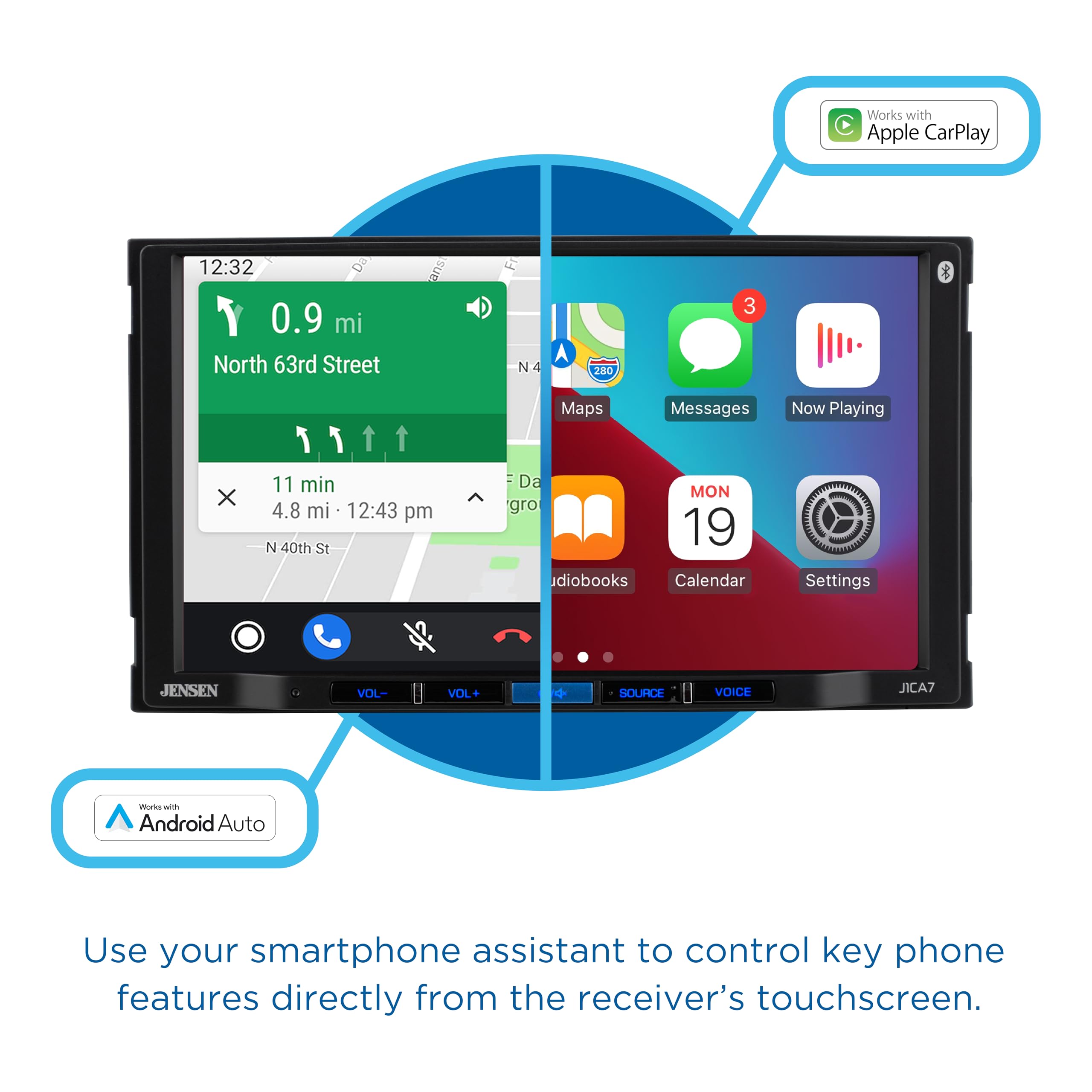Works with Apple CarPlay, Works with Android Auto, 12:32, 0.9 mi, North 63rd Street, 11 min, 4.8 mi, 12:43 pm, N 40th St, Maps, Messages, Now Playing, X, MON 19, diobooks, Calendar, Settings, JENSEN, VOL-, VOL+, SOURCE, VOICE, JICA7, Use your smartphone assistant to control key phone features directly from the receiver's touchscreen.