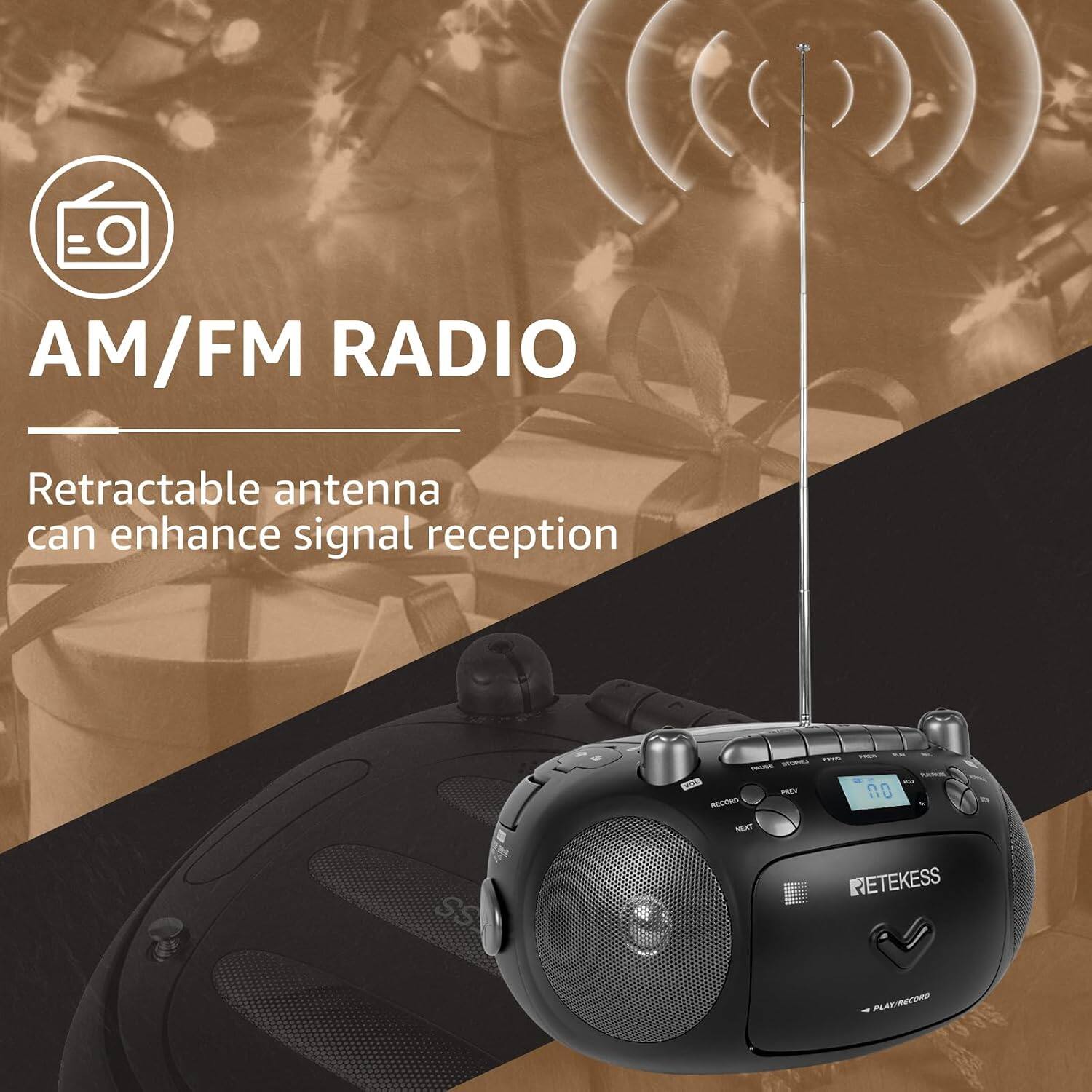 AM/FM RADIO  
Retractable antenna can enhance signal reception  
- STORES, PREV, RECORD, NEXT  
view  
SS  
RETEKESS PLAY/RECORD