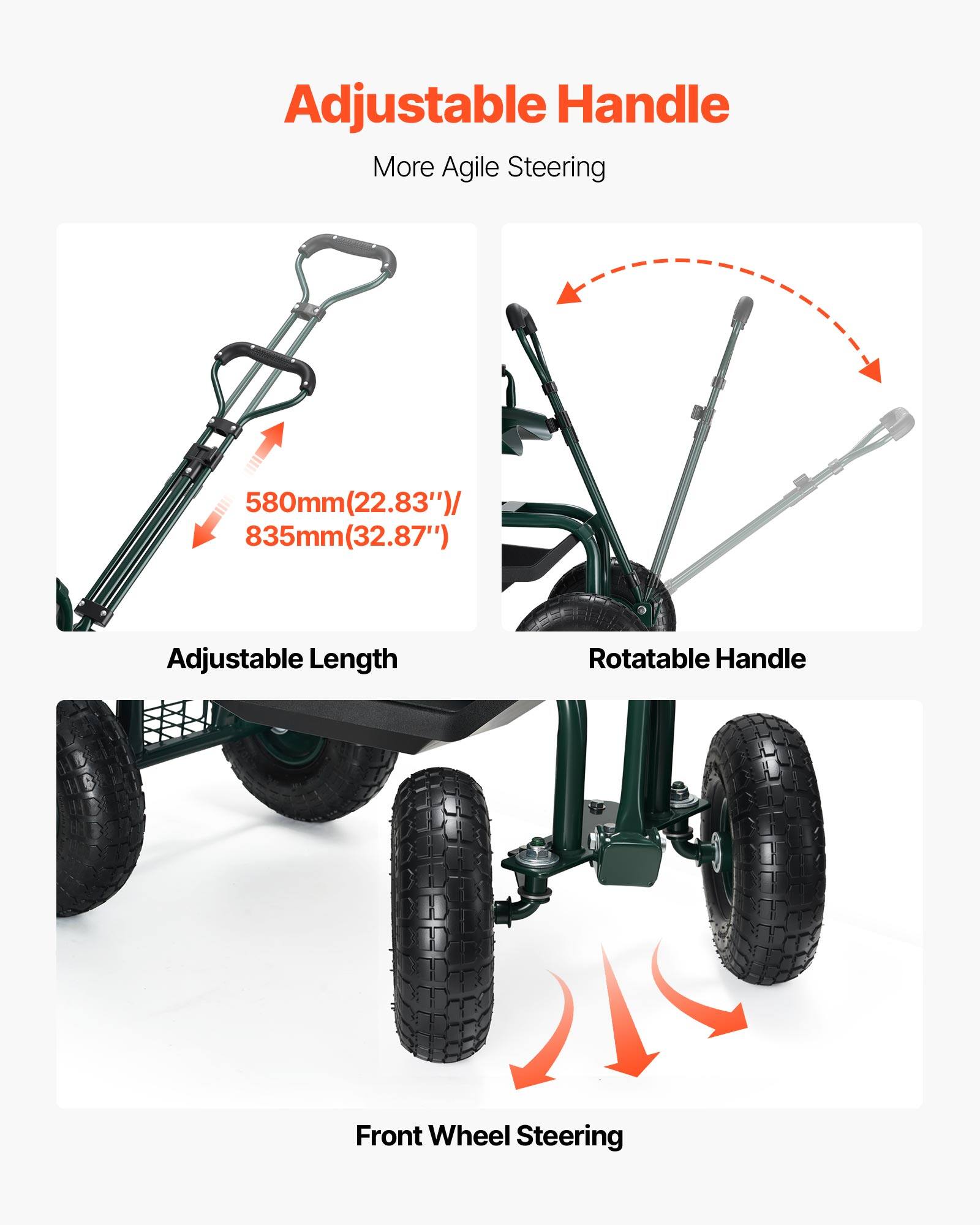 Adjustable Handle, More Agile Steering, Adjustable Length, Rotatable Handle, Front Wheel Steering