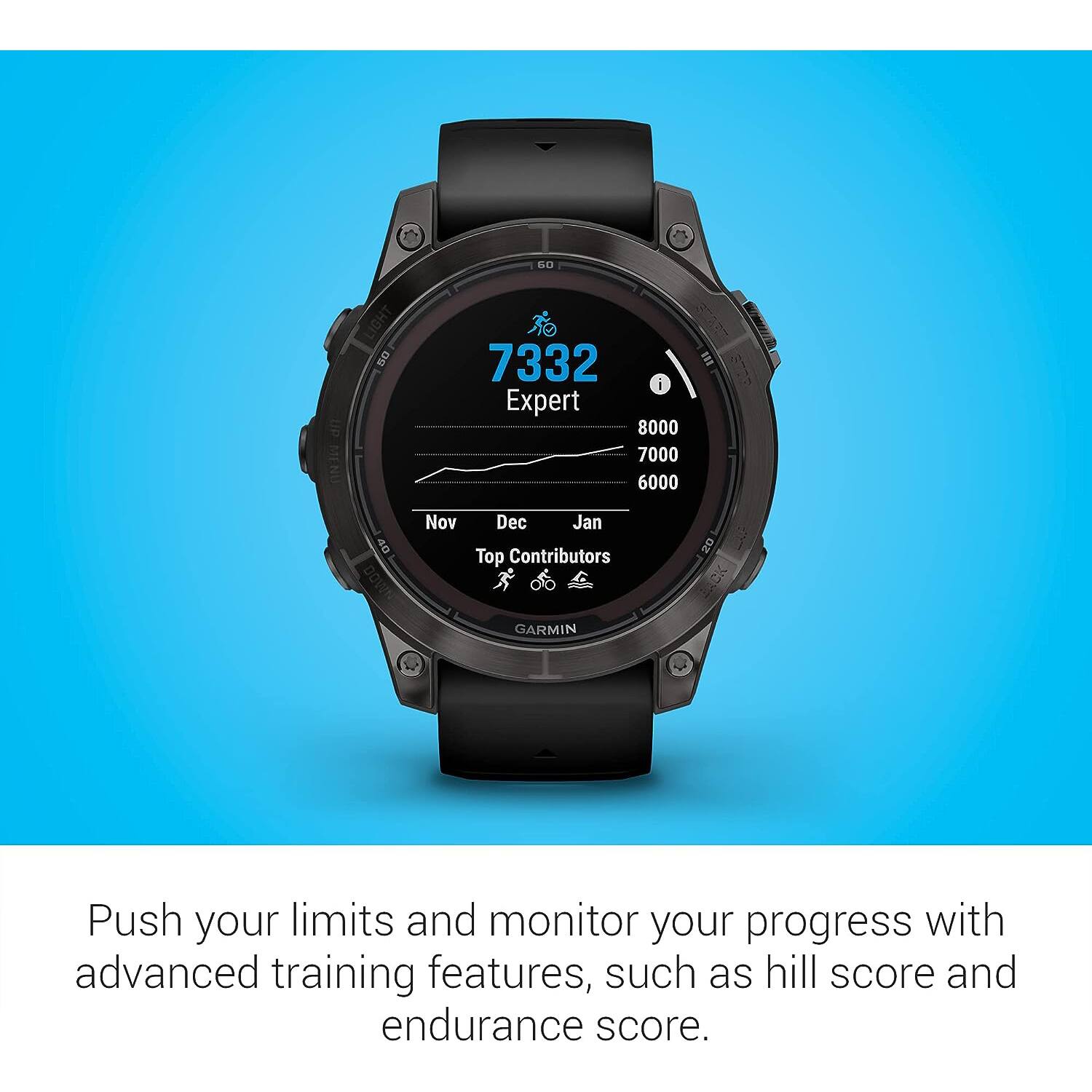 7332  
Expert  
8000  
7000  
6000  

Nov Dec Jan  
Top Contributors  

Push your limits and monitor your progress with advanced training features, such as hill score and endurance score.
