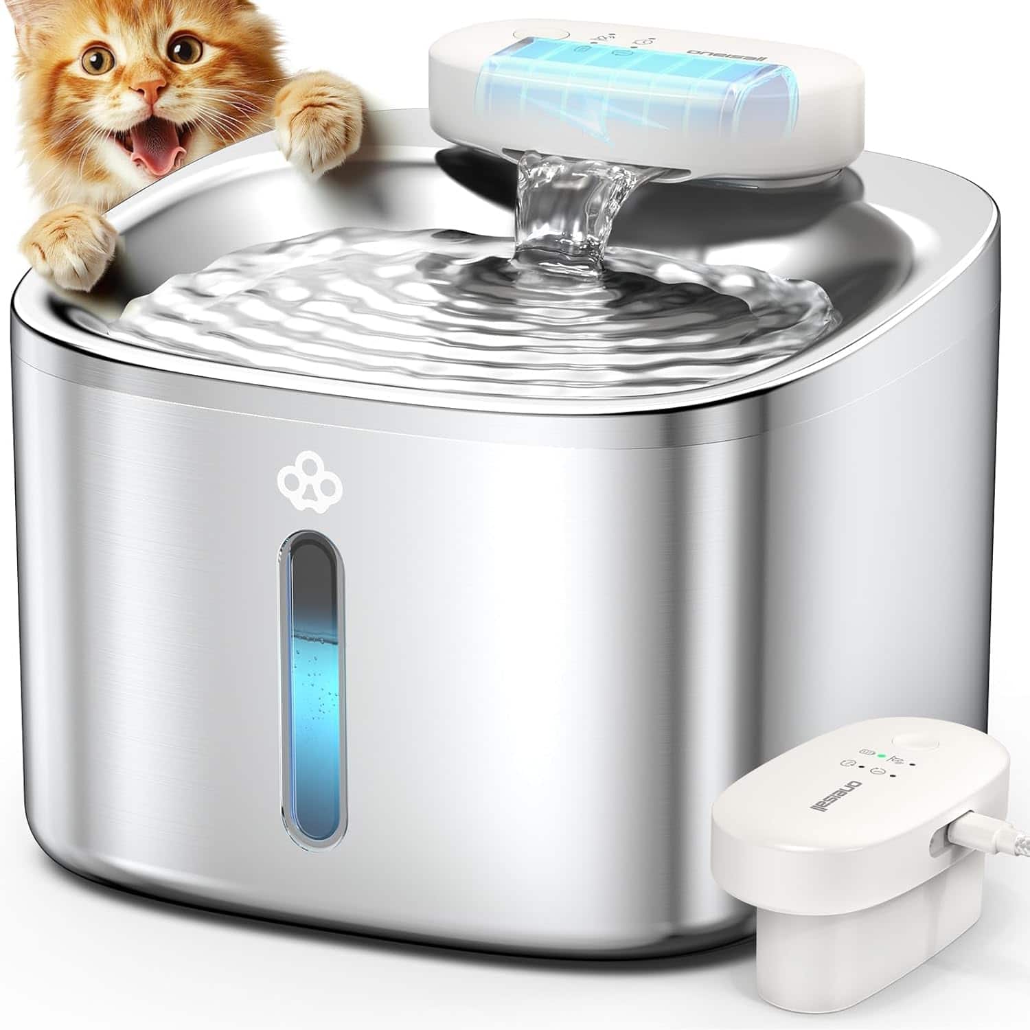 Oneisall - 3.5L 118oz Cordless Automatic Pet Water Fountain For Dog Cat Quiet with Motion Sensor BPA Free 3 Filters - Stainless Steel
