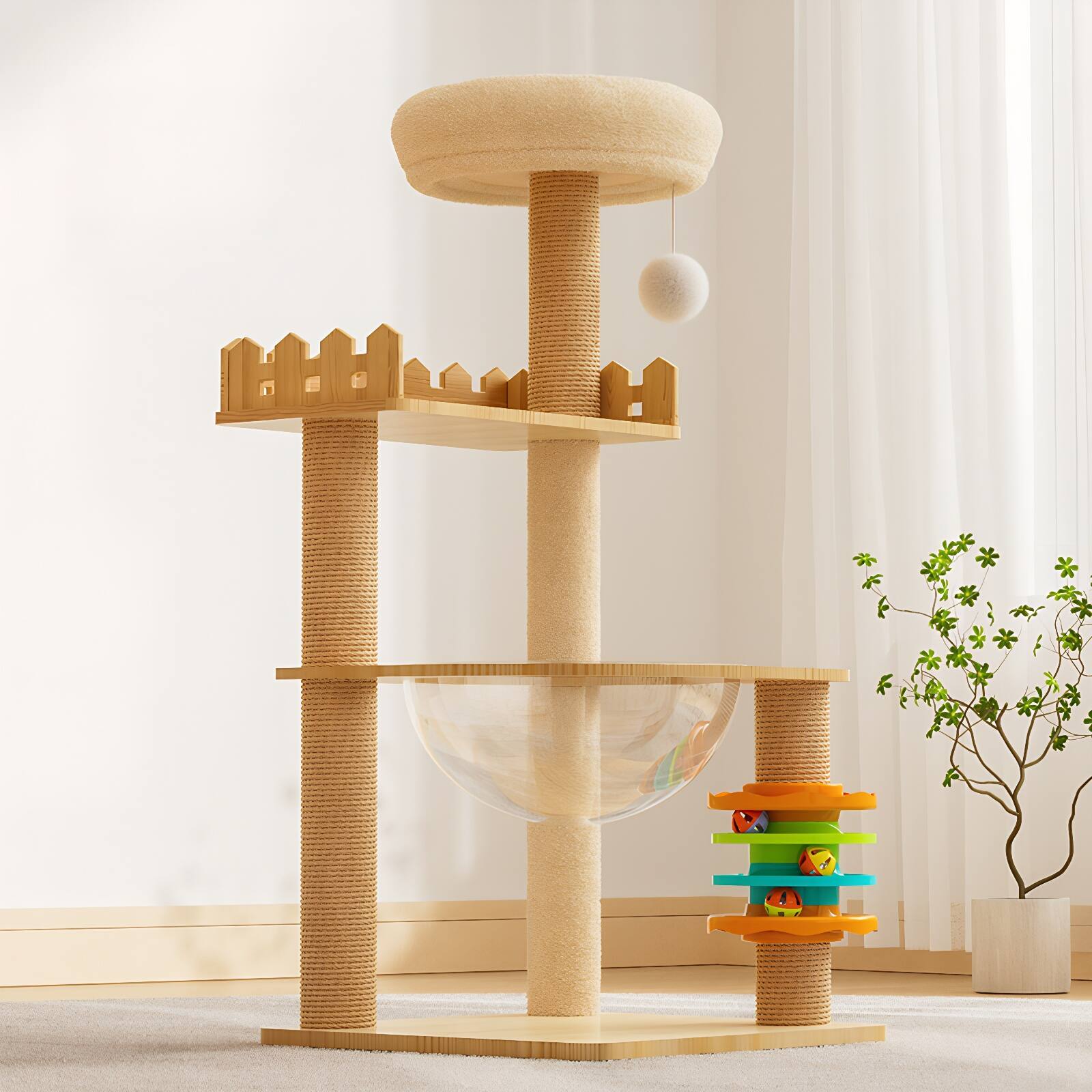 KyyWee 39.3 Inch Modern Wood Cat Tree Tower with Scratching Posts, Top ...