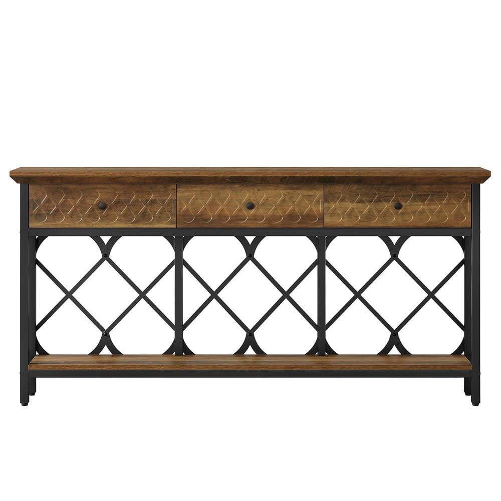 Front. Kadyn - 70.87-Inch Extra Long Industrial Console Table with 3 Drawers, 2-Tier Narrow Sofa Table, Brown - Brown.
