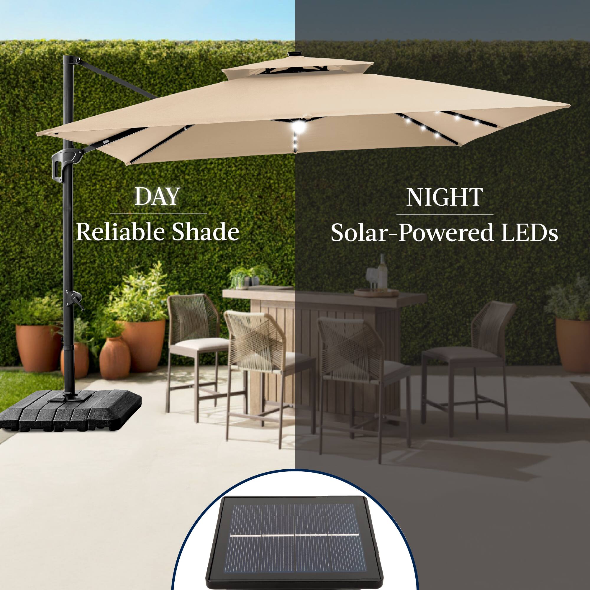 DAY  
Reliable Shade  

NIGHT  
Solar-Powered LEDs