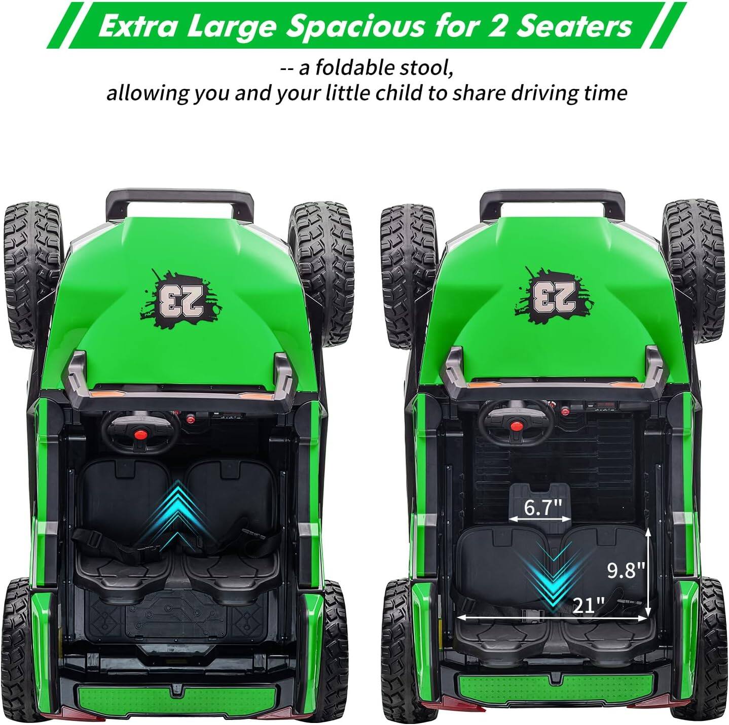 Extra Large Spacious for 2 Seaters  
-- a foldable stool, allowing you and your little child to share driving time  

6.7"  
9.8"  
21"