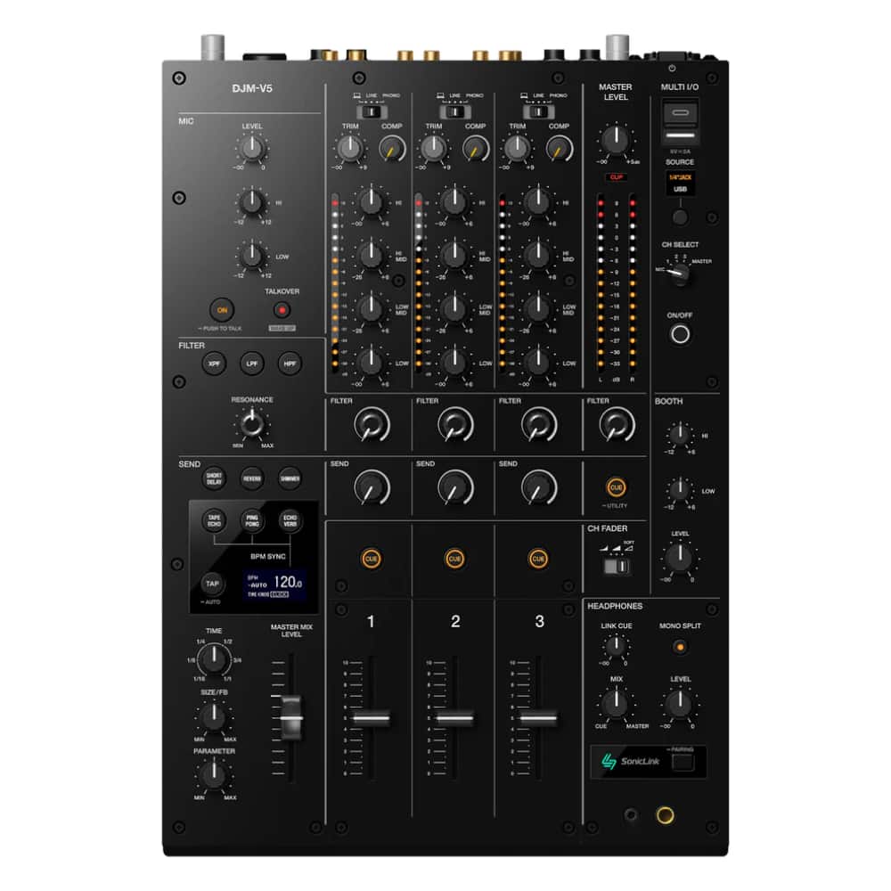 Pioneer DJ - DJM-V5 3-Channel Performance DJ Mixer with 4-Band EQ, Compact Professional Mixing Board with SonicLink, 6 Send FX Types